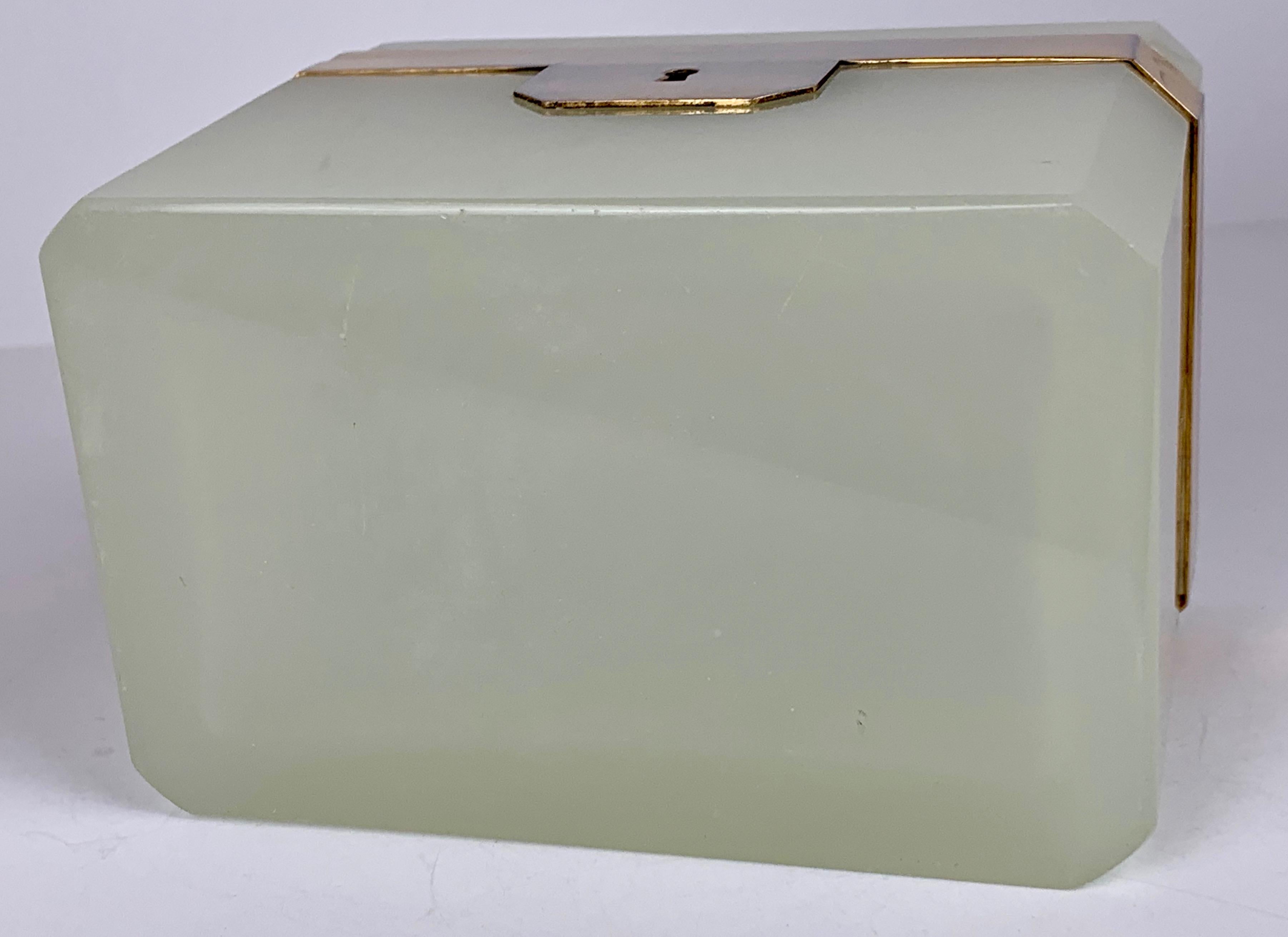  French Hinged Celadon Opaline Glass Box with Gilt Frame & Key 1