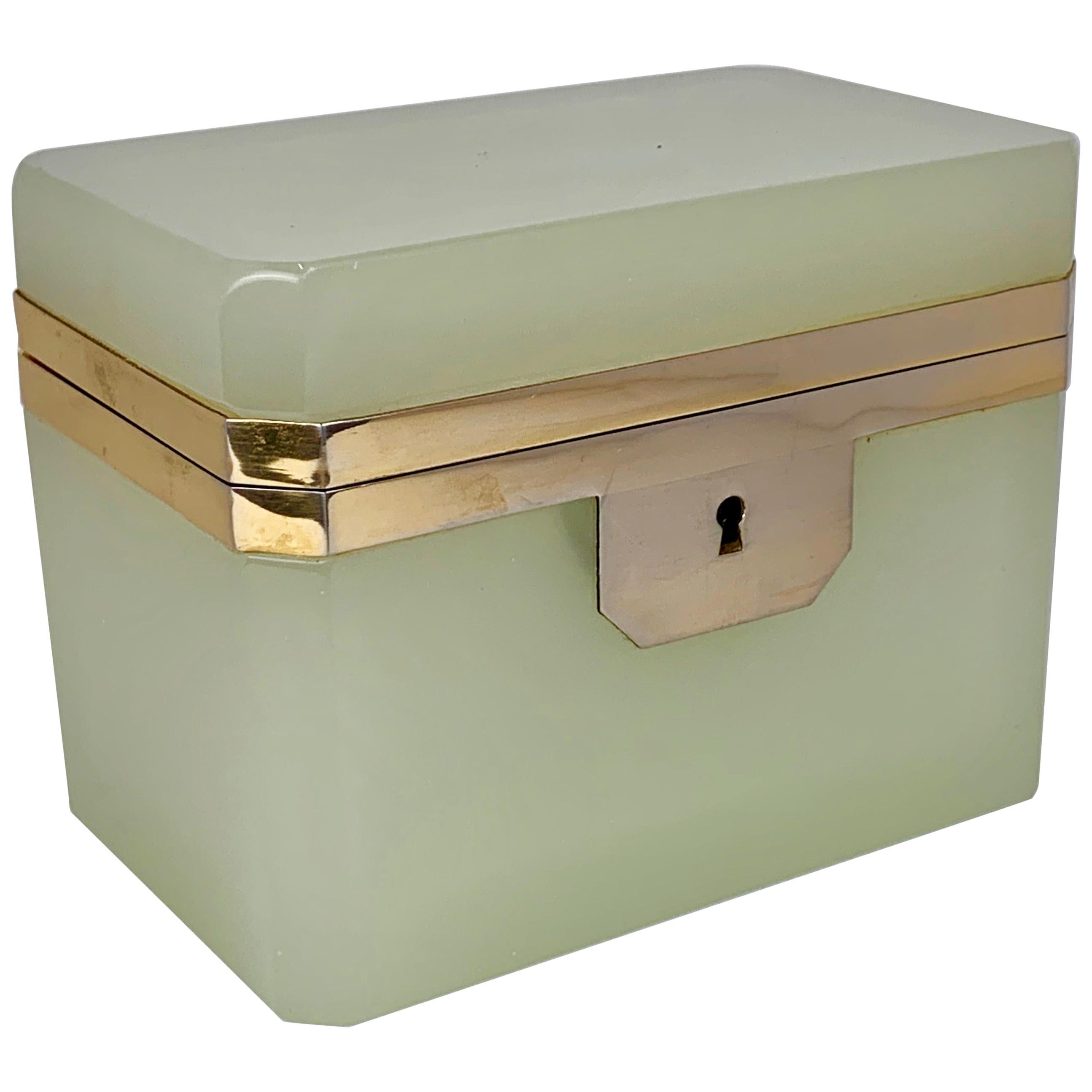  French Hinged Celadon Opaline Glass Box with Gilt Frame & Key