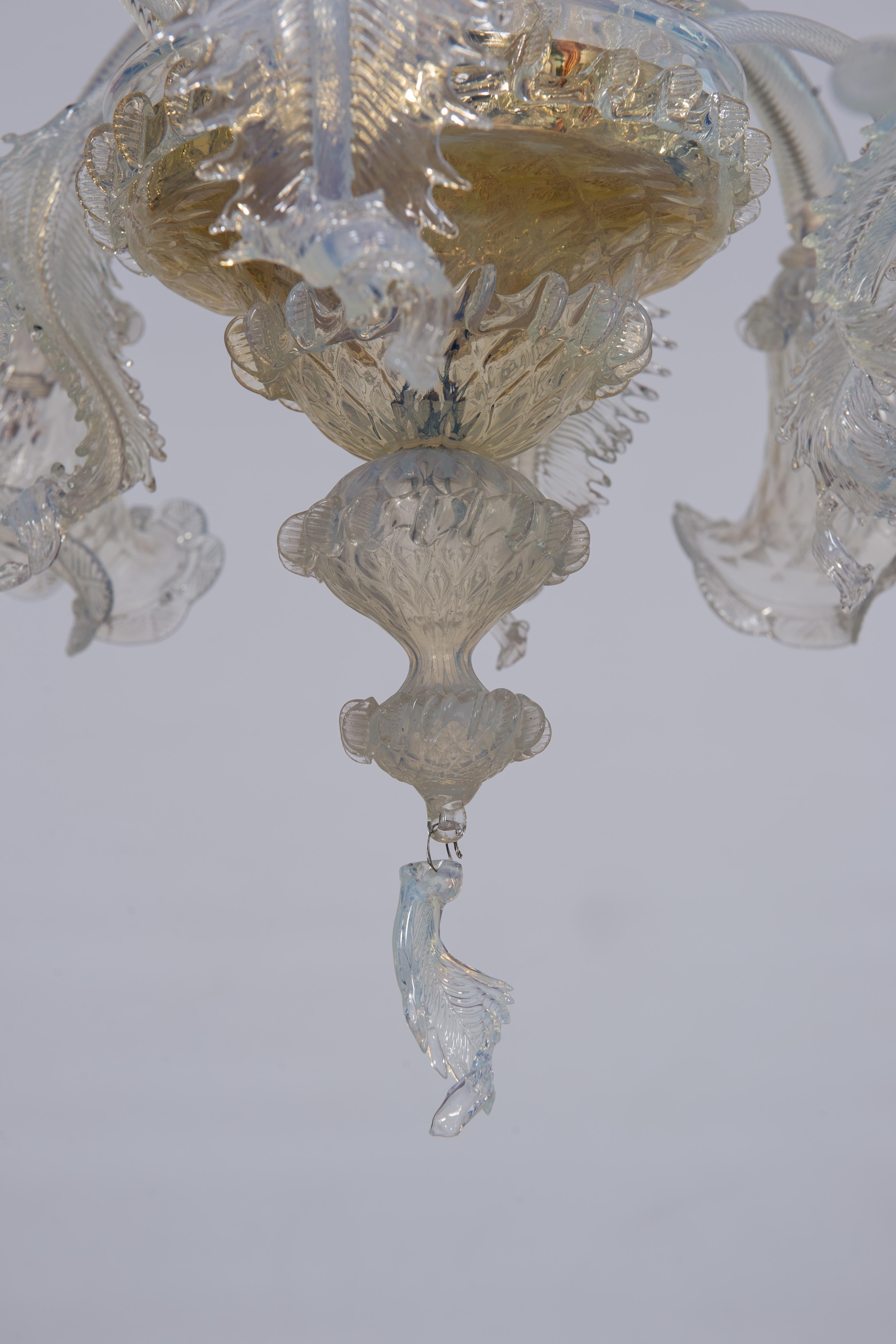 Opaline Chandelier in blown Murano Glass gold frame with flowers 1990s Italy For Sale 4