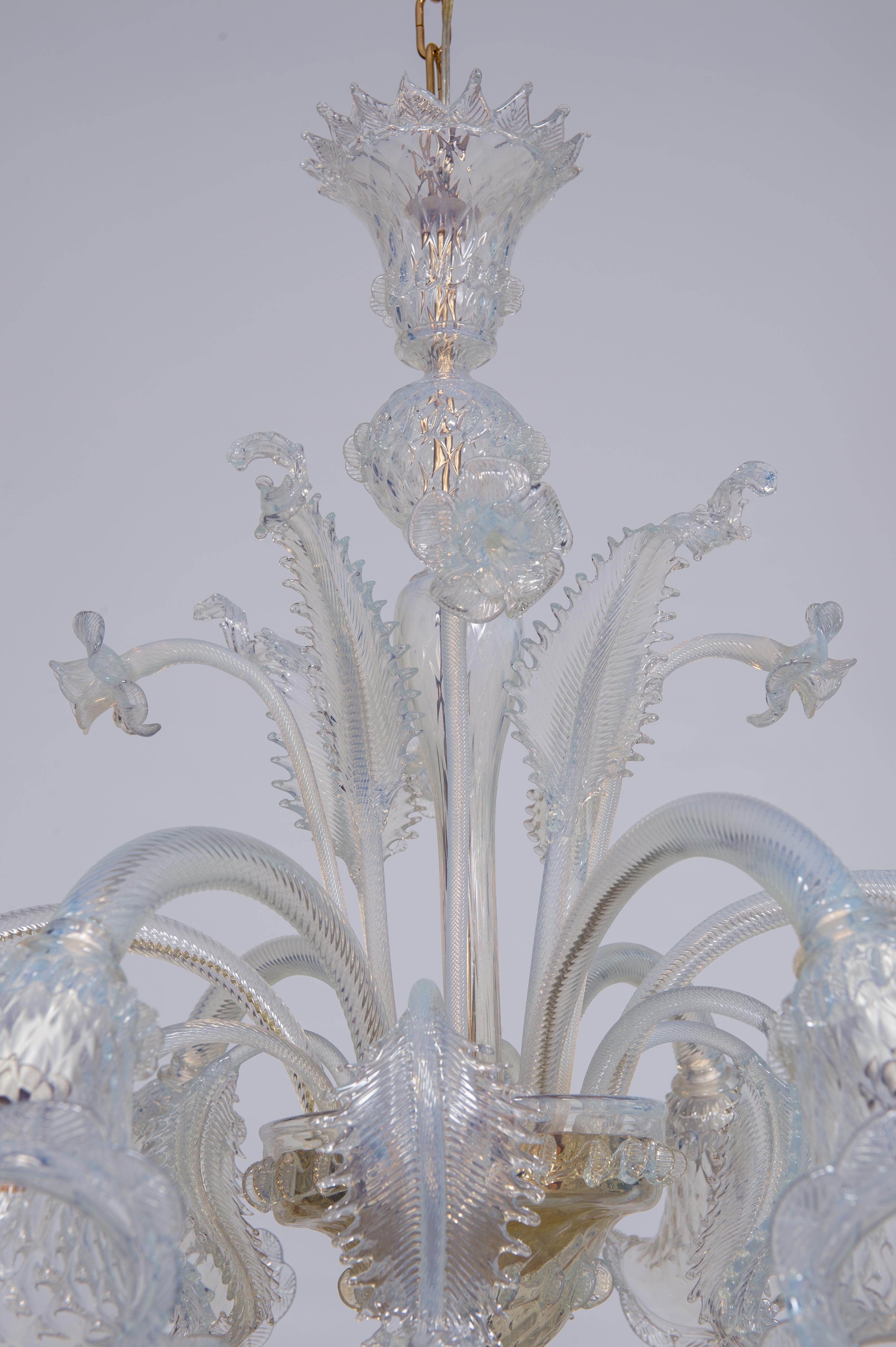 Opaline Chandelier in blown Murano Glass gold frame with flowers 1990s Italy For Sale 7