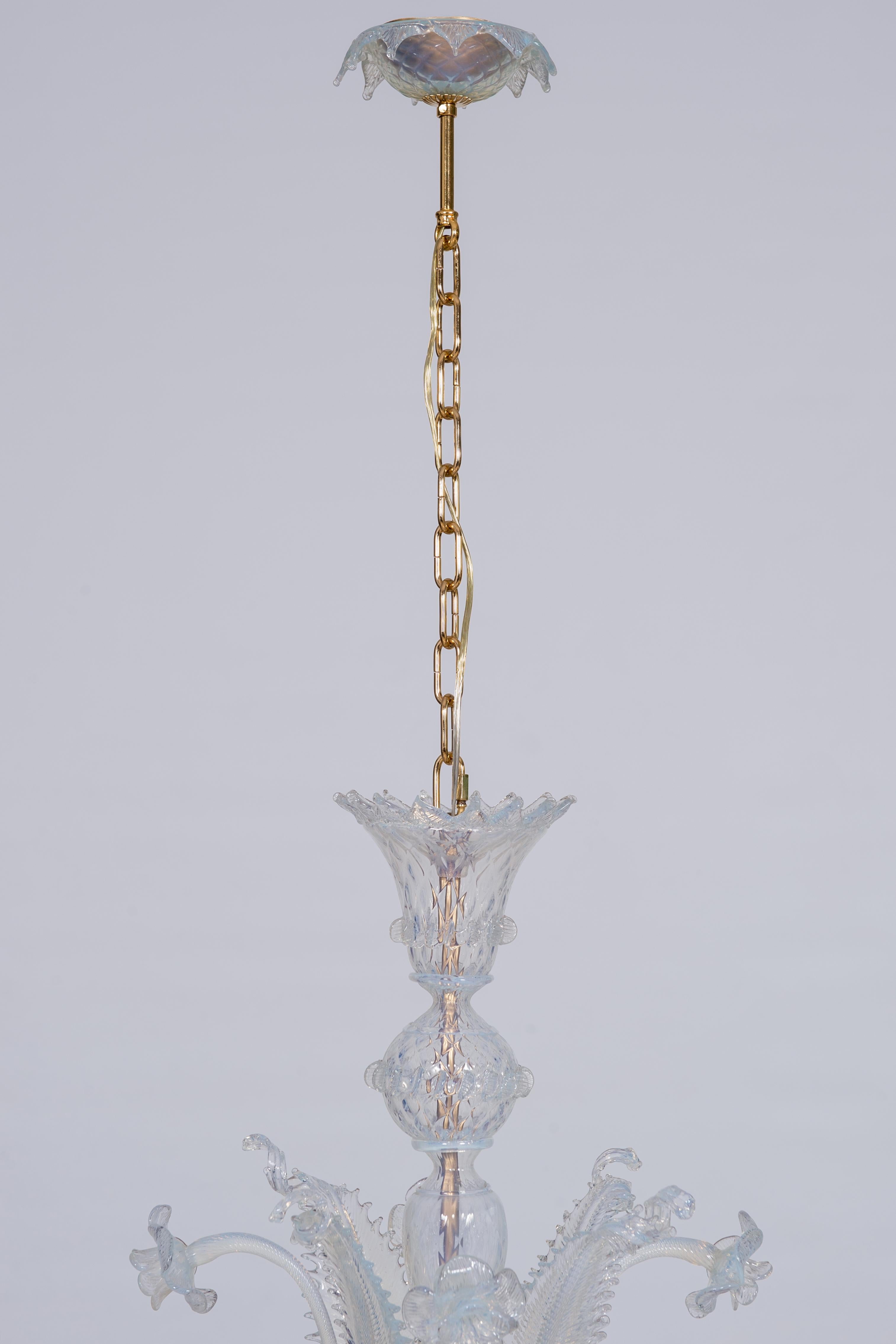 Opaline Chandelier in blown Murano Glass gold frame with flowers 1990s Italy For Sale 9