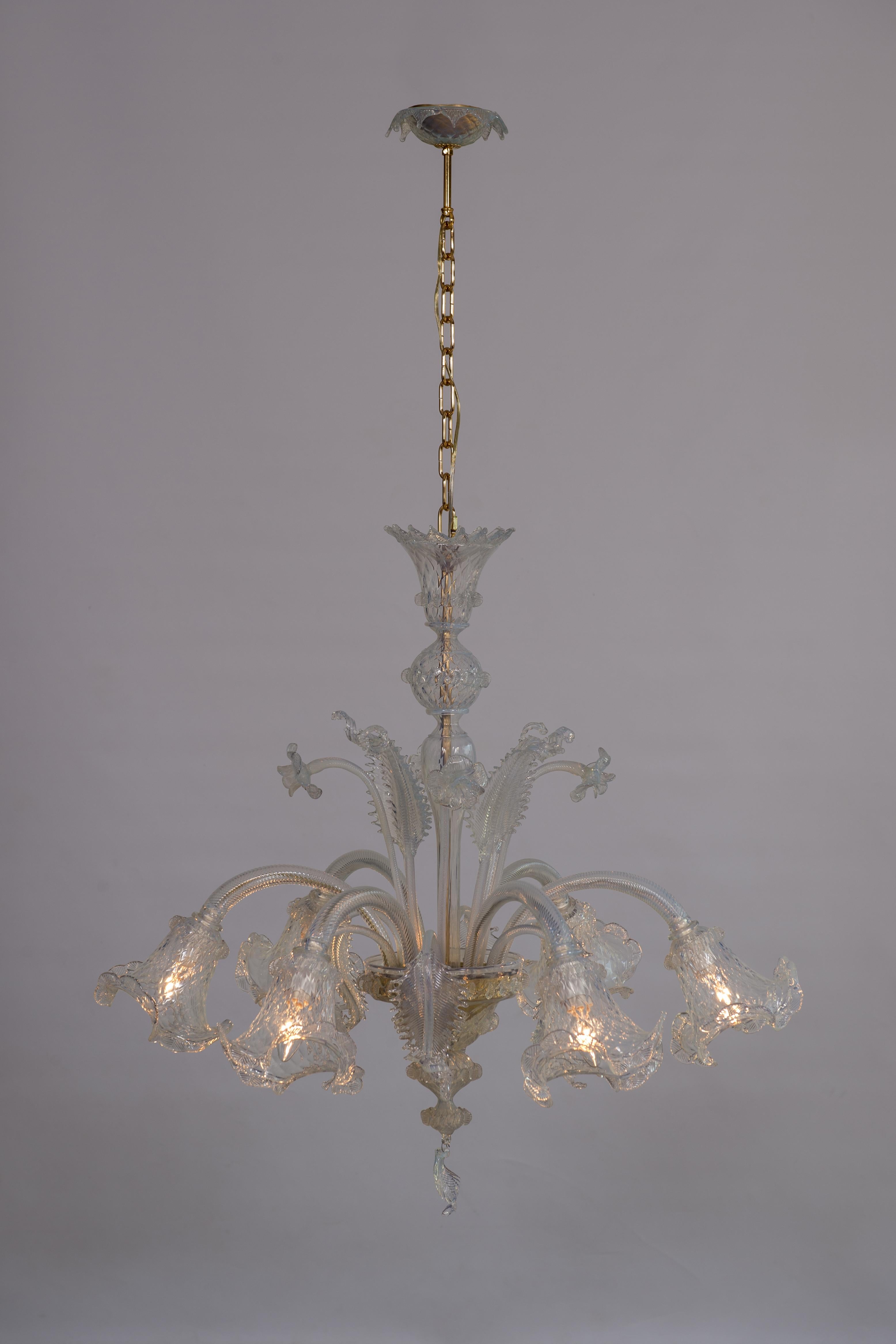 Opaline Chandelier in blown Murano Glass gold frame with flowers 1990s Italy For Sale 11
