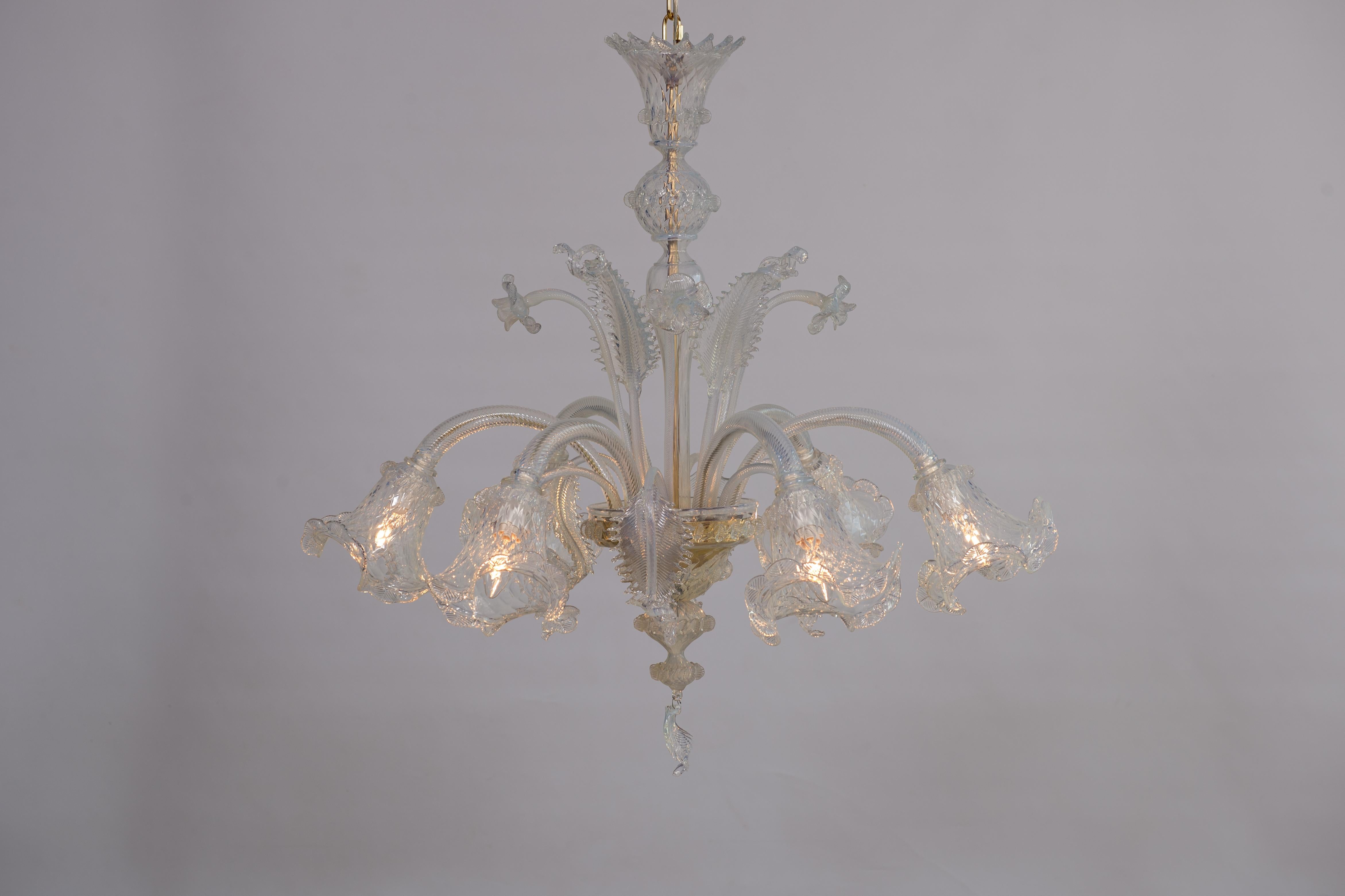 Opaline Chandelier in blown Murano Glass gold frame with flowers 1990s Italy For Sale 12