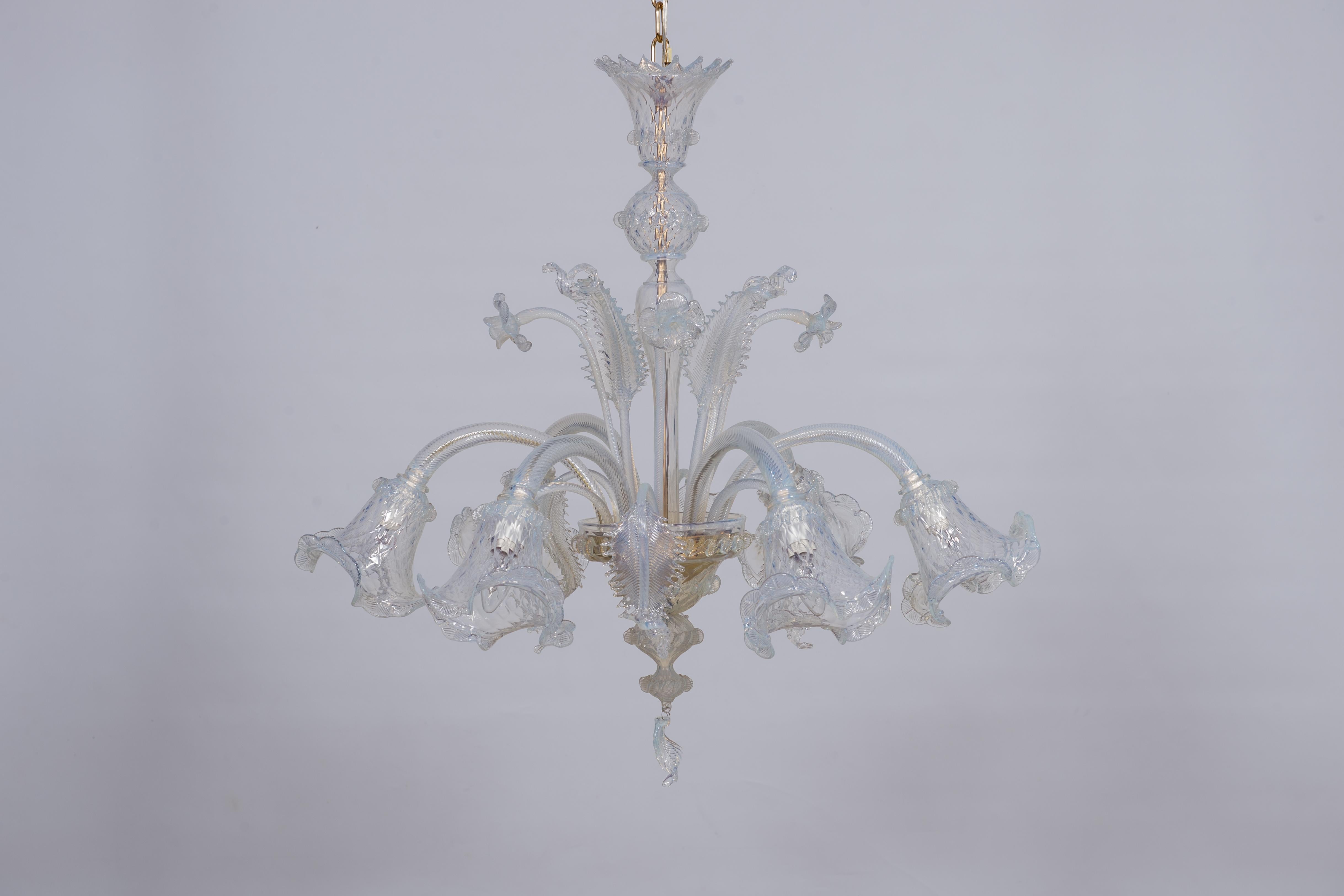 Mid-Century Modern Opaline Chandelier in blown Murano Glass gold frame with flowers 1990s Italy For Sale