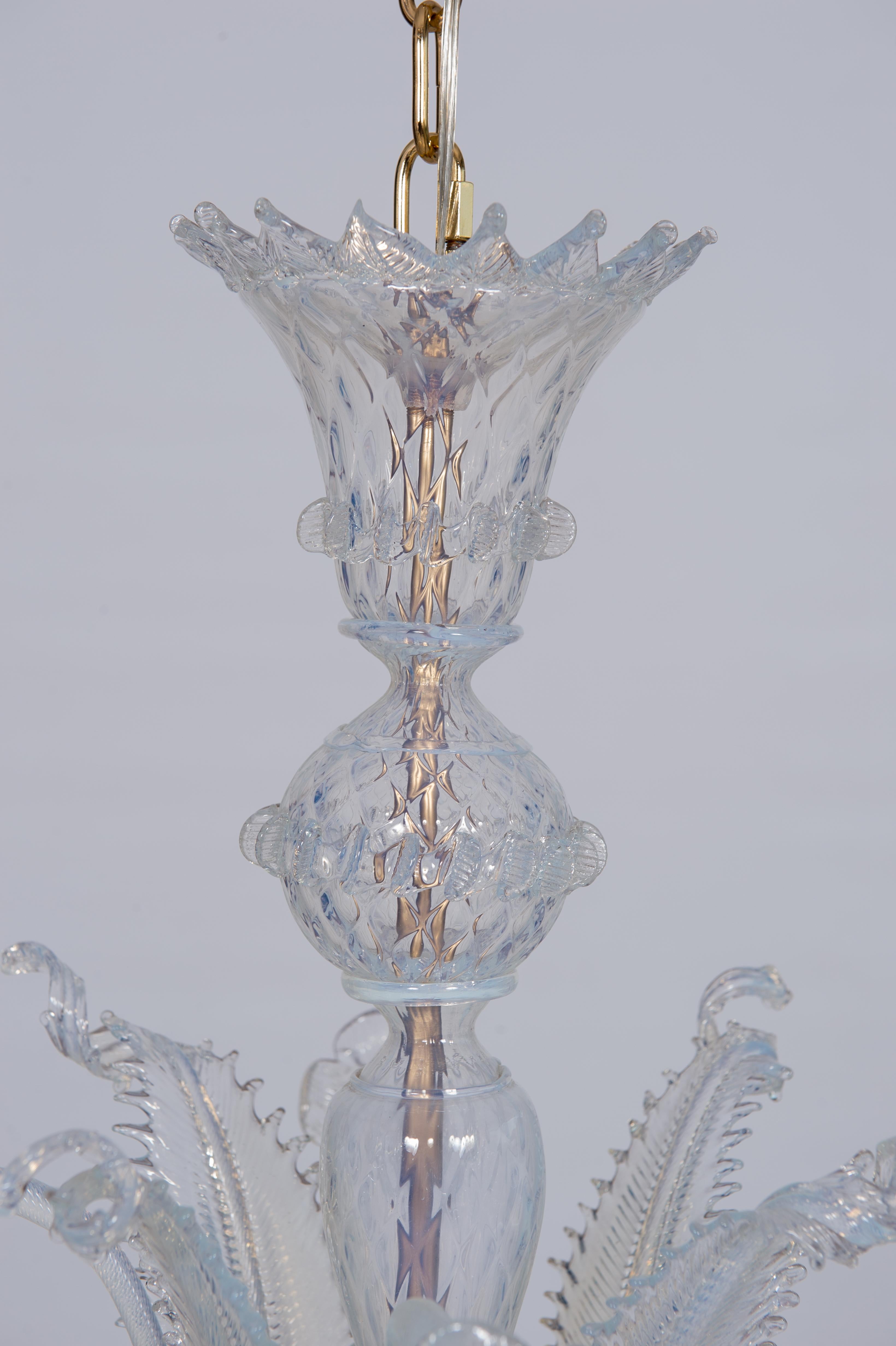 Italian Opaline Chandelier in blown Murano Glass gold frame with flowers 1990s Italy For Sale