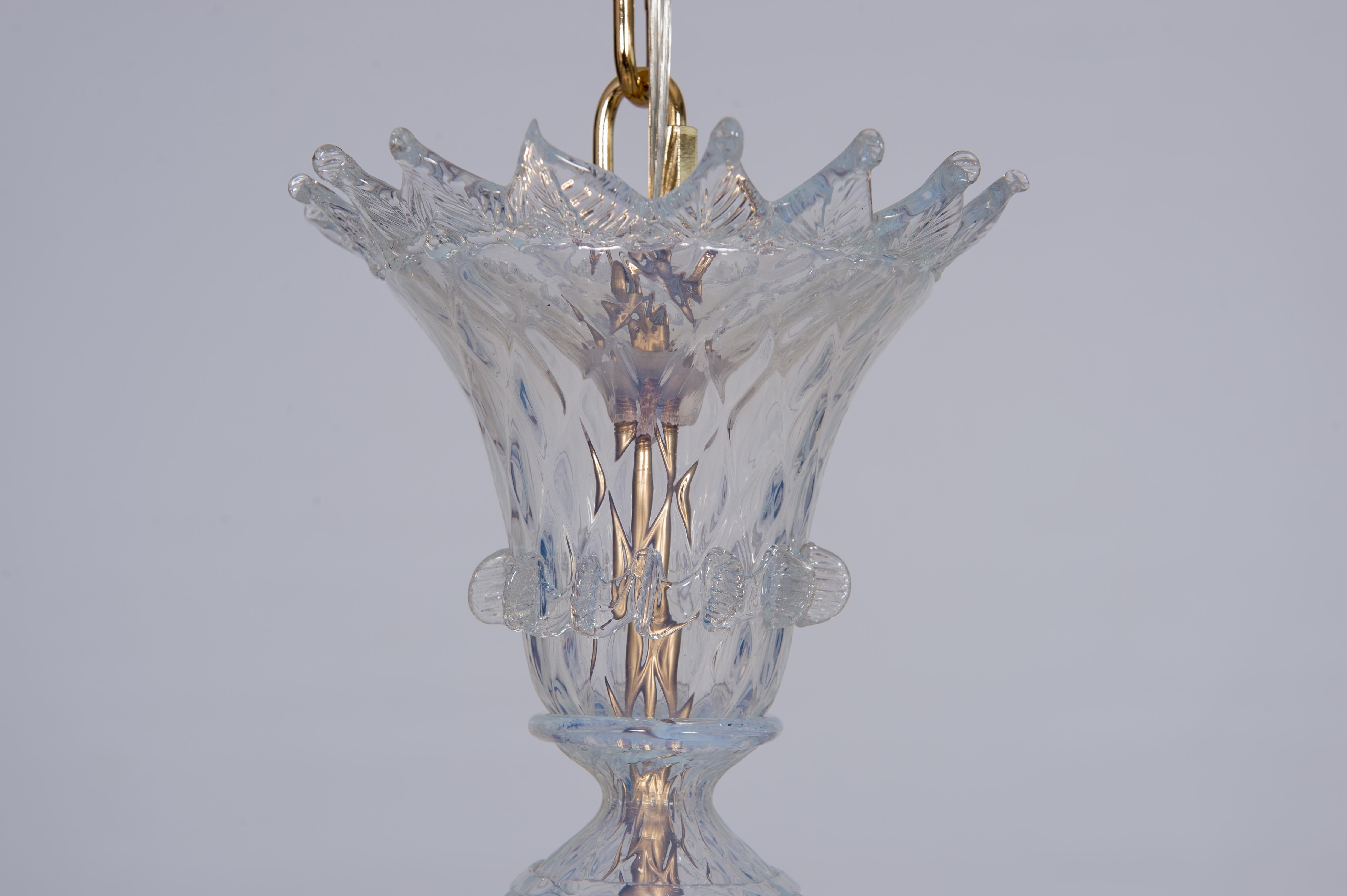 Hand-Crafted Opaline Chandelier in blown Murano Glass gold frame with flowers 1990s Italy For Sale