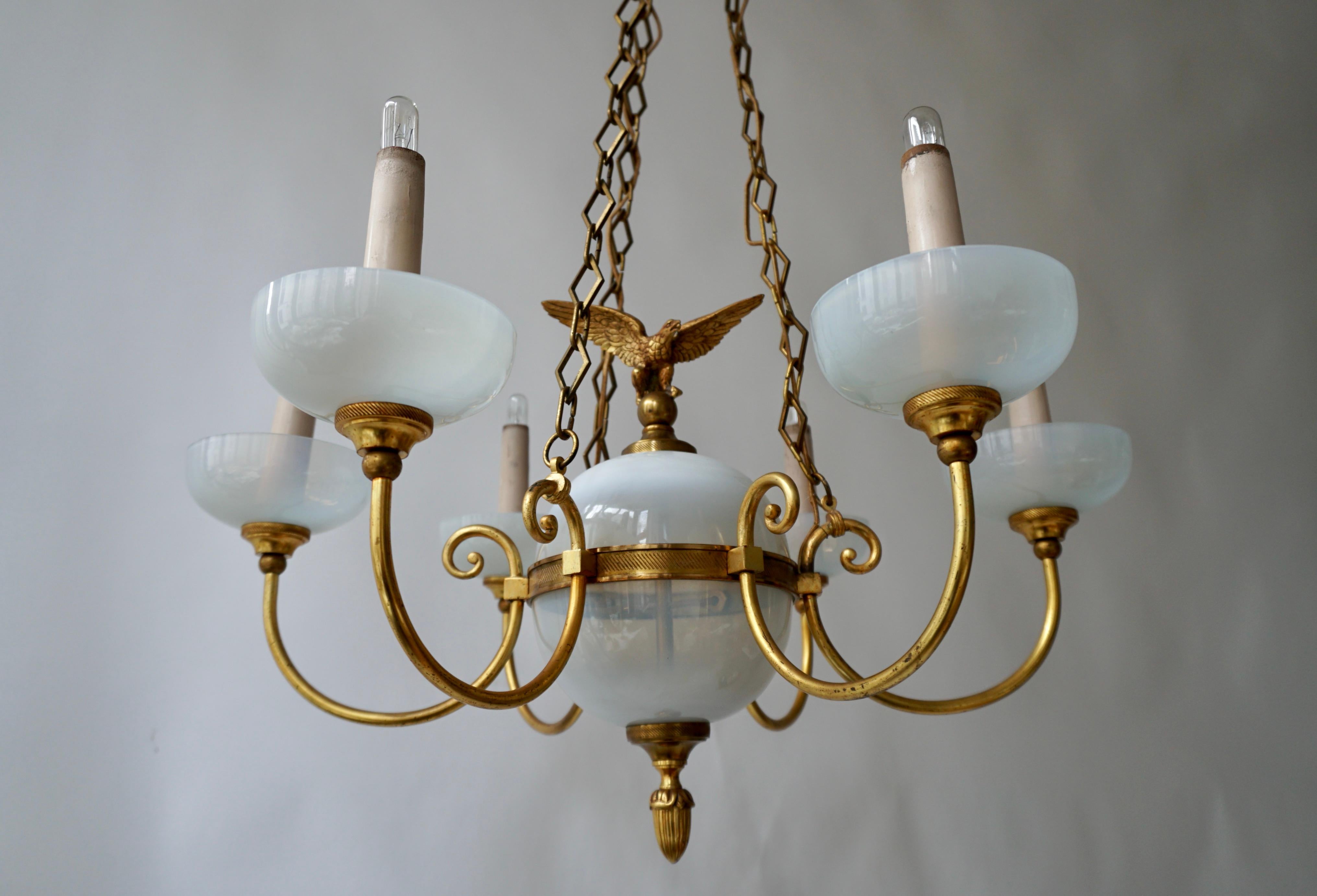 Opaline Chandelier with Central Sphere Decorated with an Eagle. For Sale 4