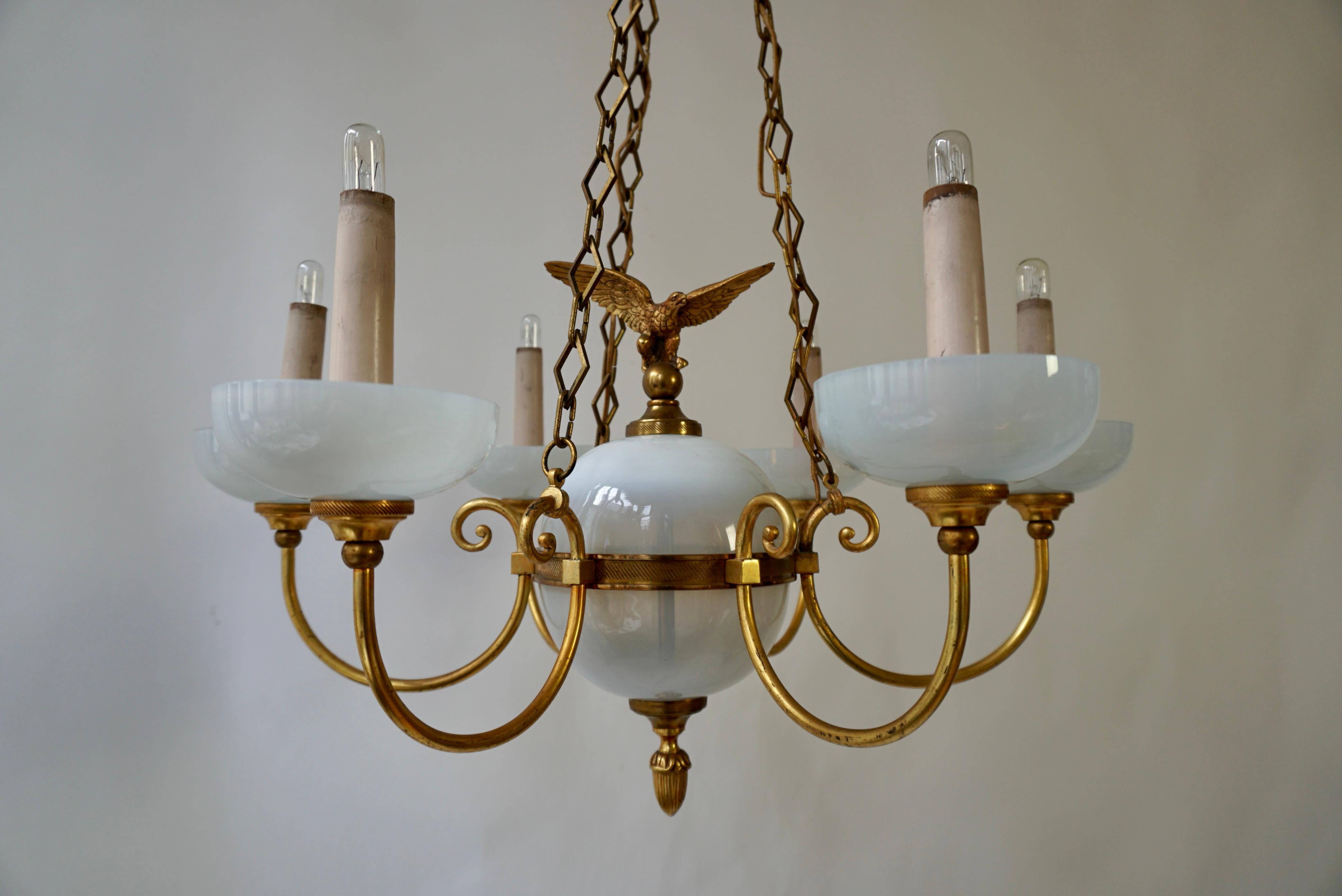 Opaline Chandelier with Central Sphere Decorated with an Eagle. For Sale 6