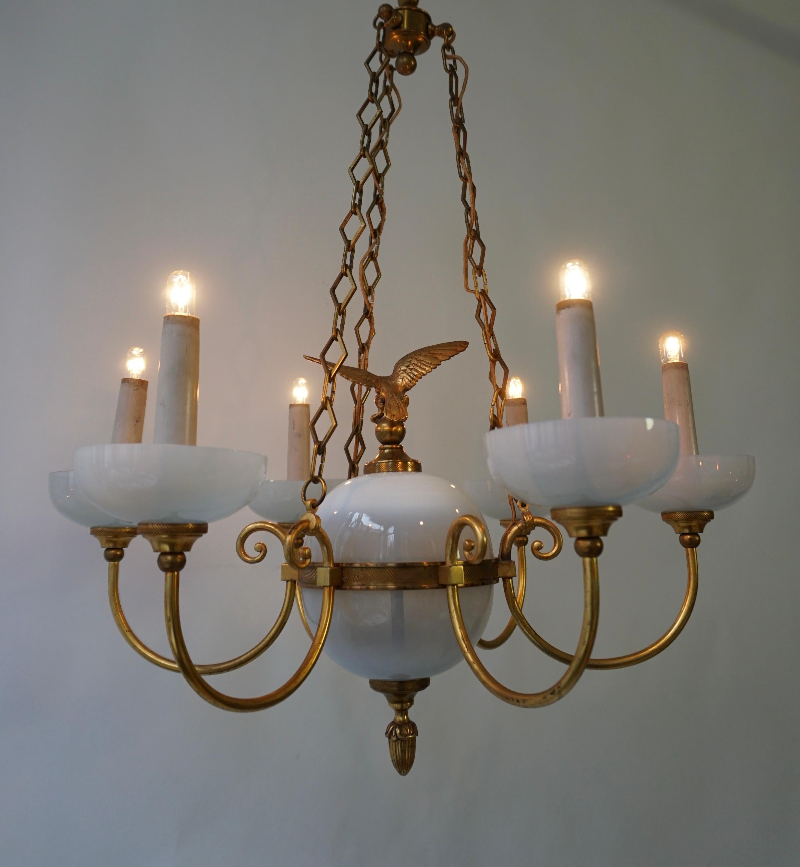 Opaline Chandelier with Central Sphere Decorated with an Eagle. For Sale 7