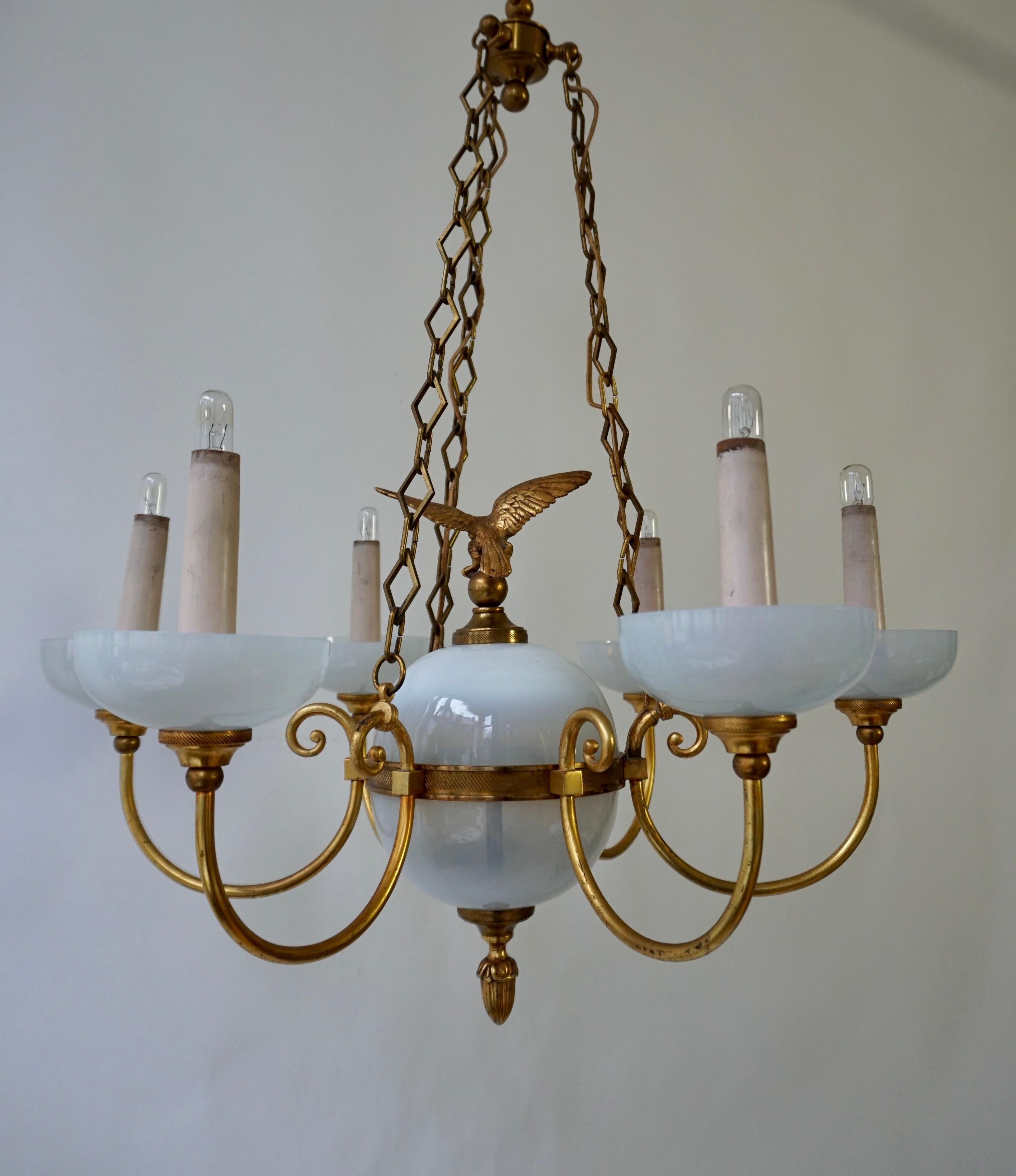 Opaline Chandelier with Central Sphere Decorated with an Eagle. For Sale 8