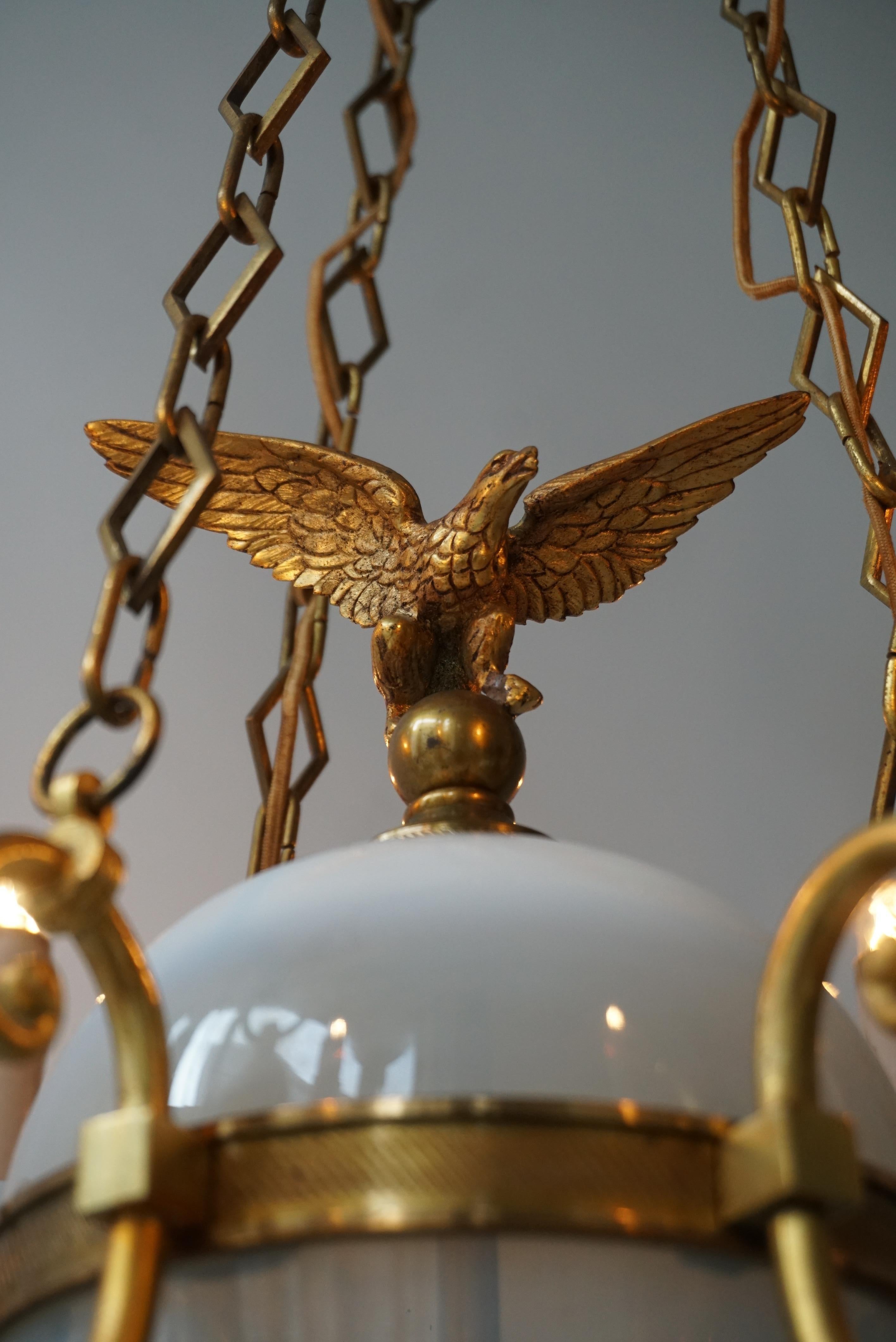 Opaline Chandelier with Central Sphere Decorated with an Eagle. For Sale 9