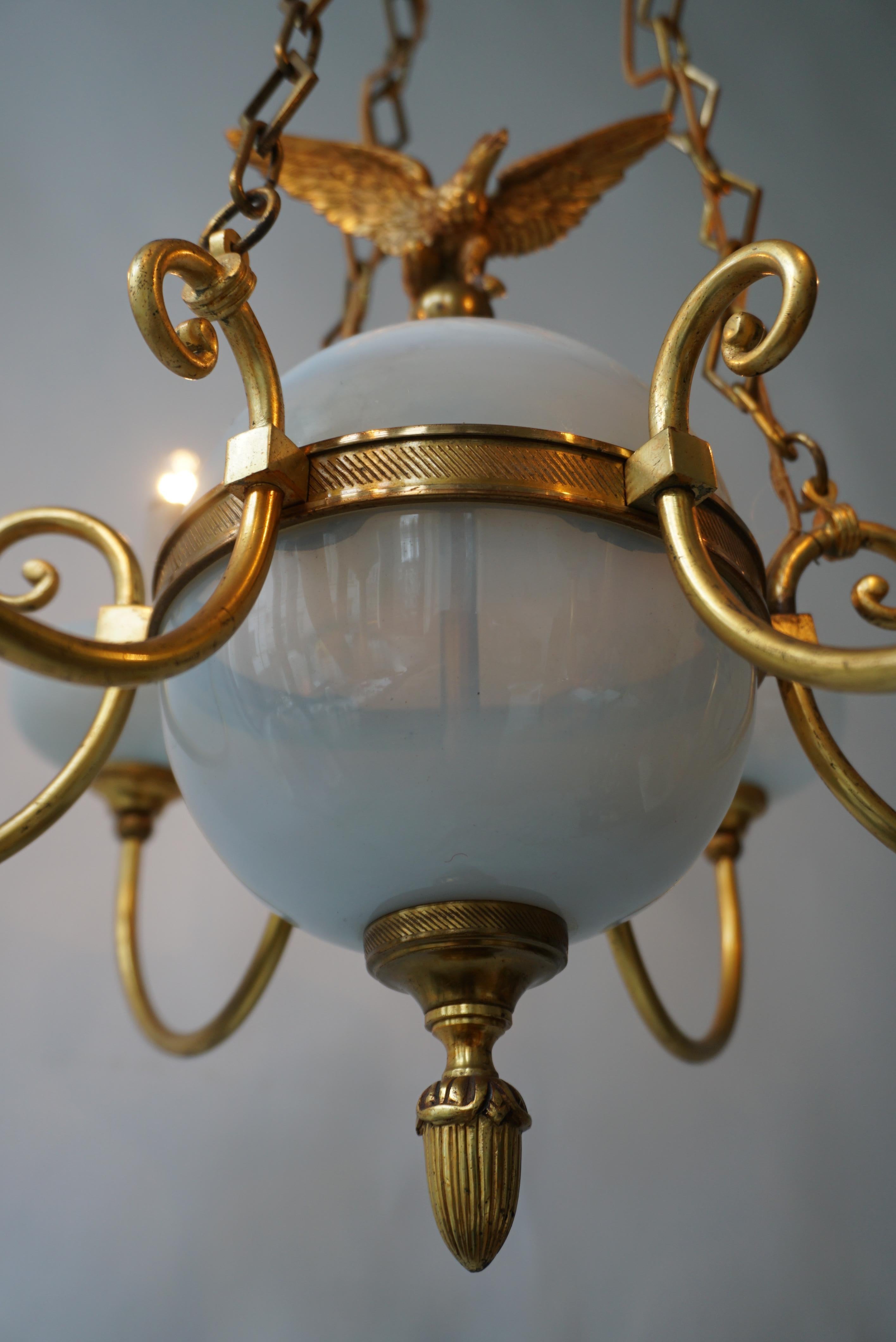 Opaline Chandelier with Central Sphere Decorated with an Eagle. For Sale 10