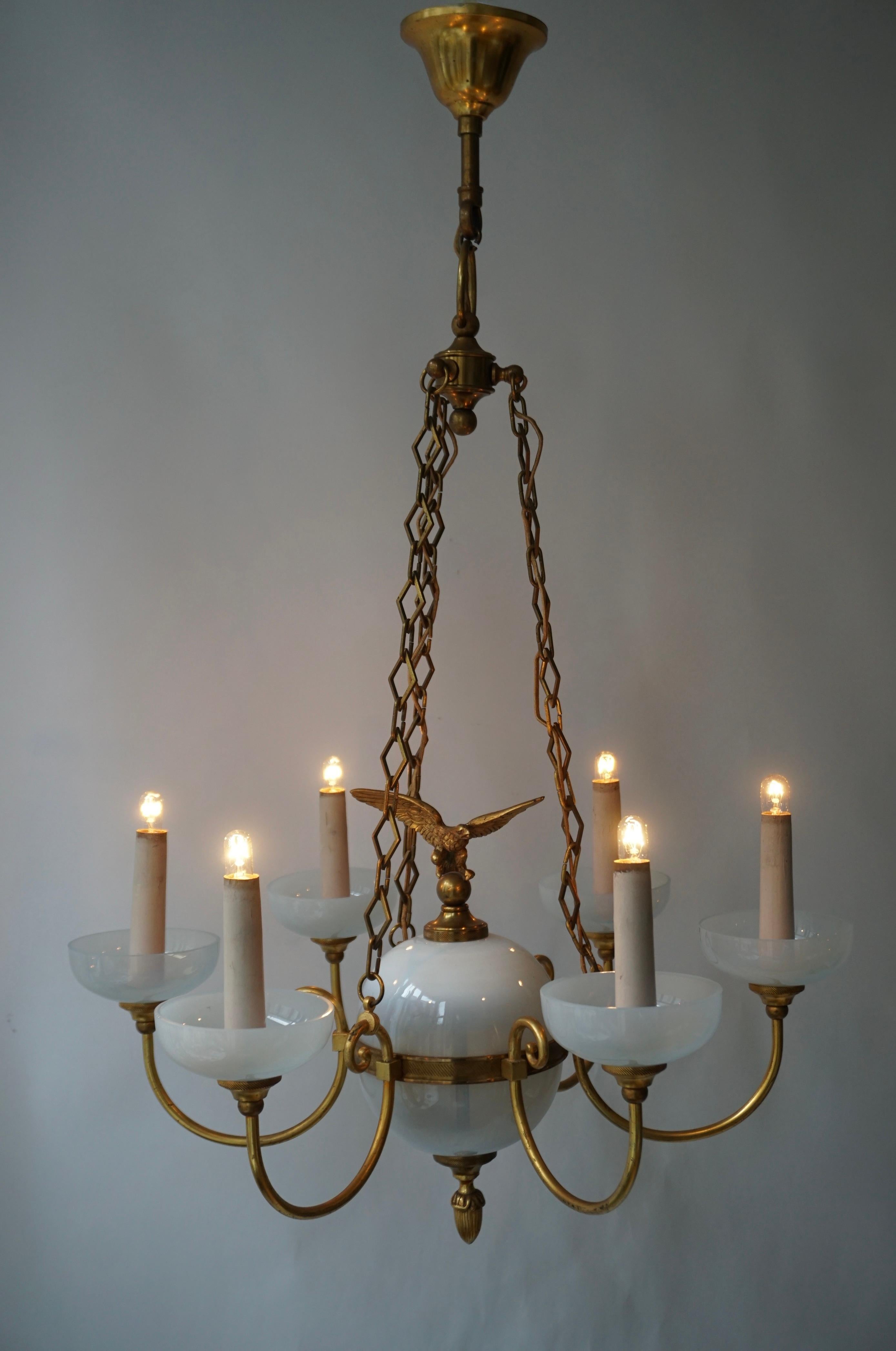 Hollywood Regency Opaline Chandelier with Central Sphere Decorated with an Eagle. For Sale