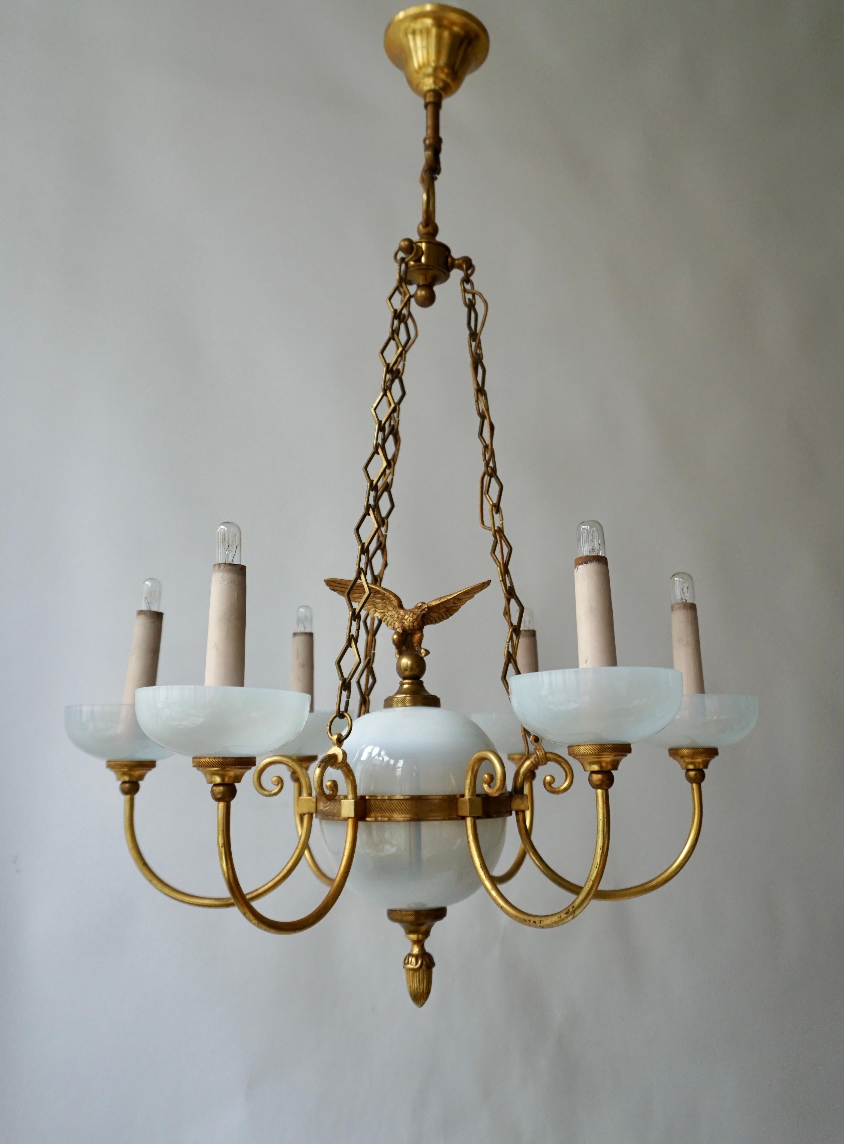 Italian Opaline Chandelier with Central Sphere Decorated with an Eagle. For Sale
