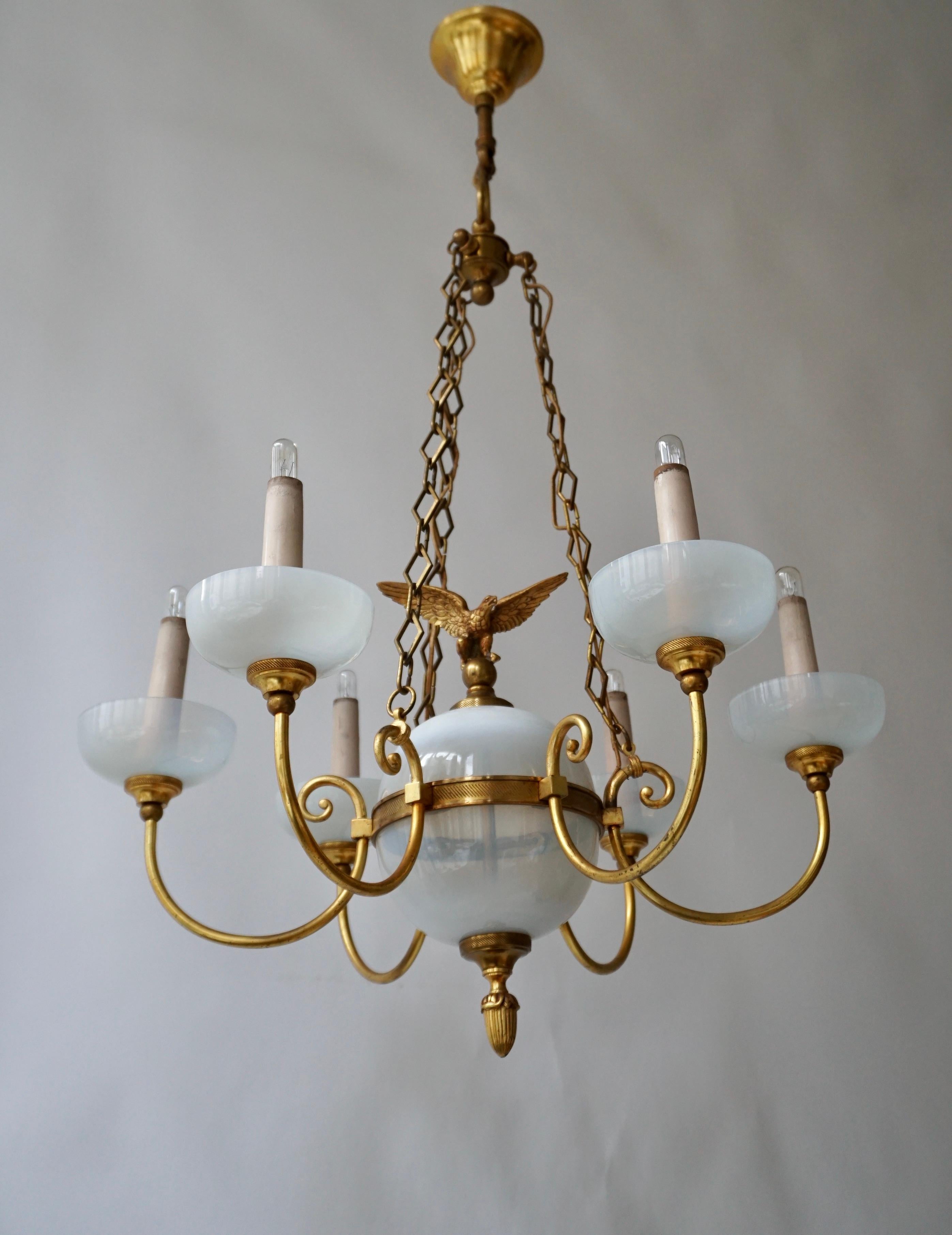 20th Century Opaline Chandelier with Central Sphere Decorated with an Eagle. For Sale