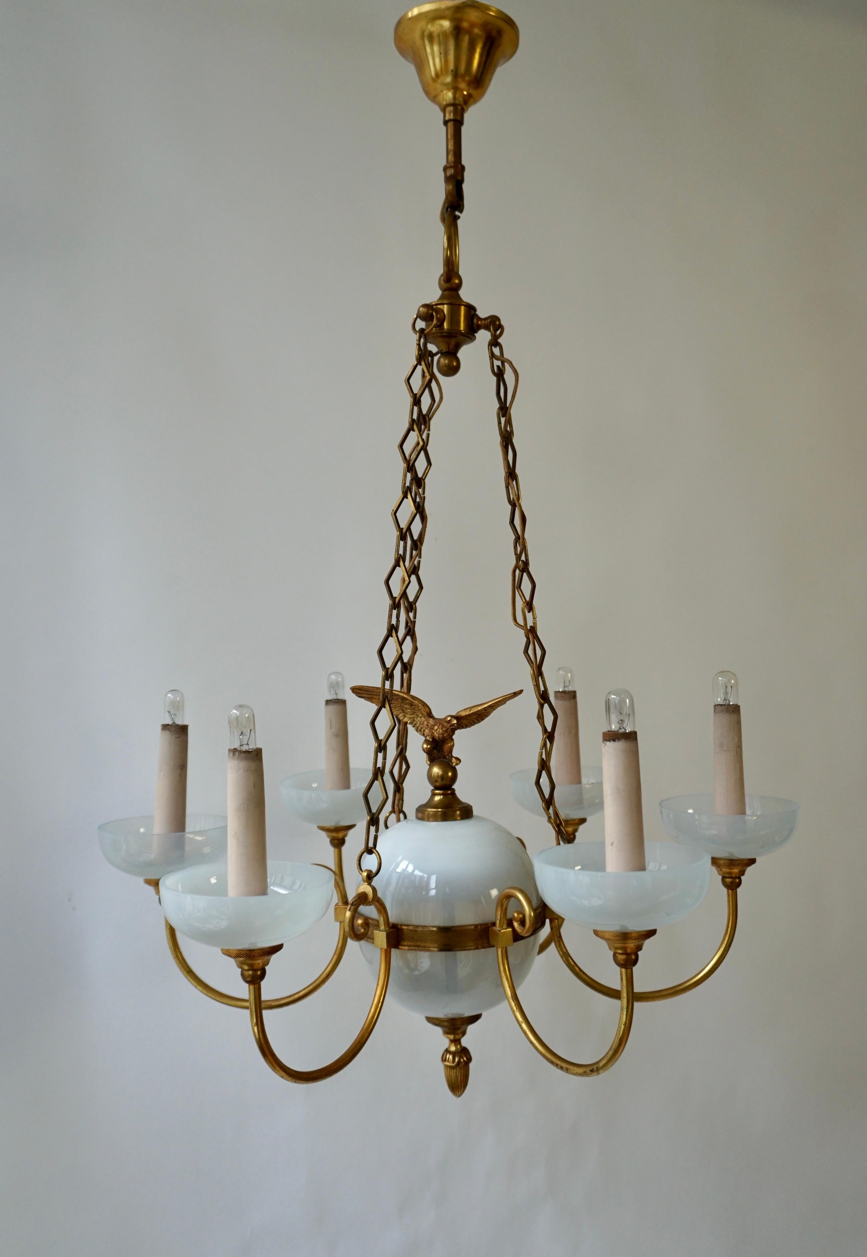 Brass Opaline Chandelier with Central Sphere Decorated with an Eagle. For Sale