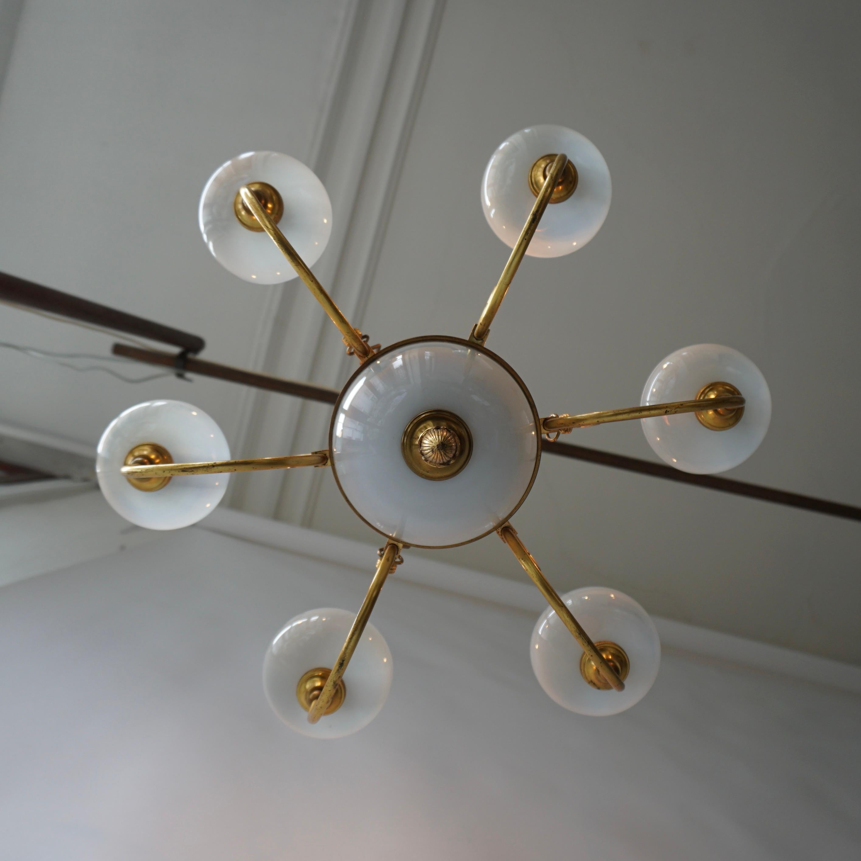 Opaline Chandelier with Central Sphere Decorated with an Eagle. For Sale 1
