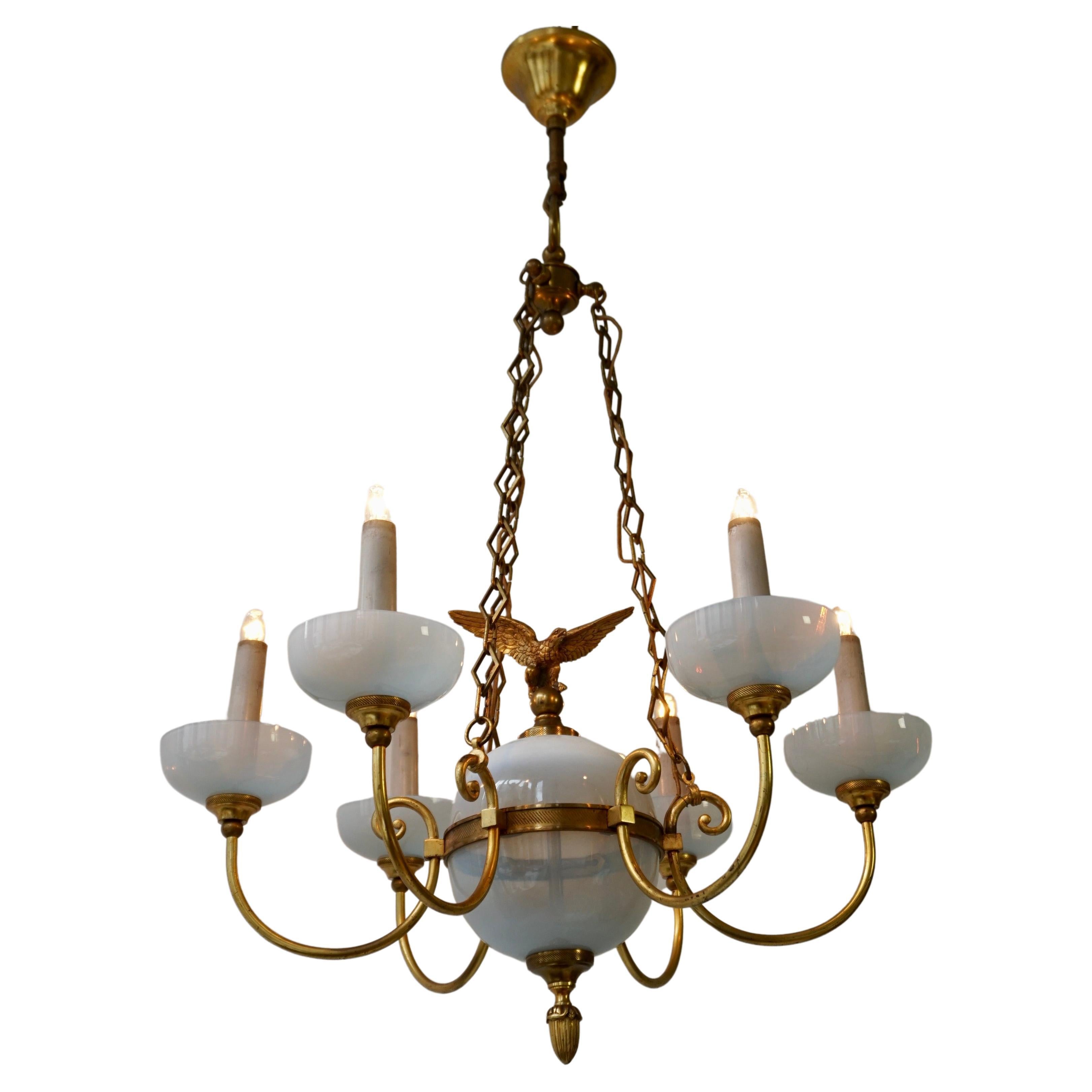 Opaline Chandelier with Central Sphere Decorated with an Eagle. For Sale