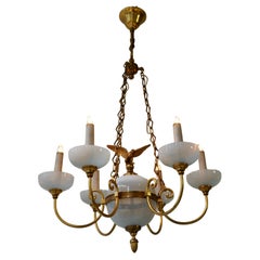 Retro Opaline Chandelier with Central Sphere Decorated with an Eagle.