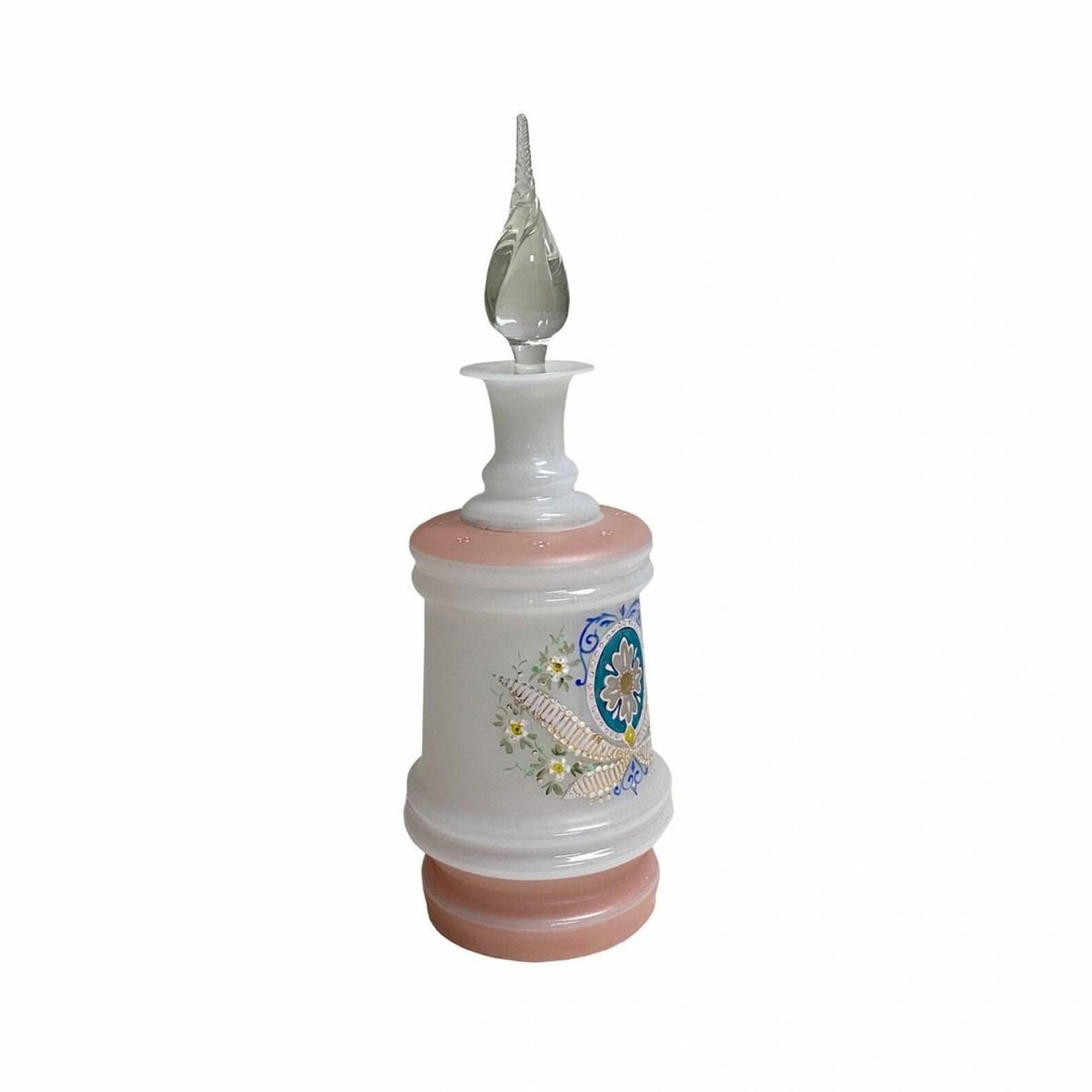 Crystal Pink Opaline Hand Painted Decanter  For Sale