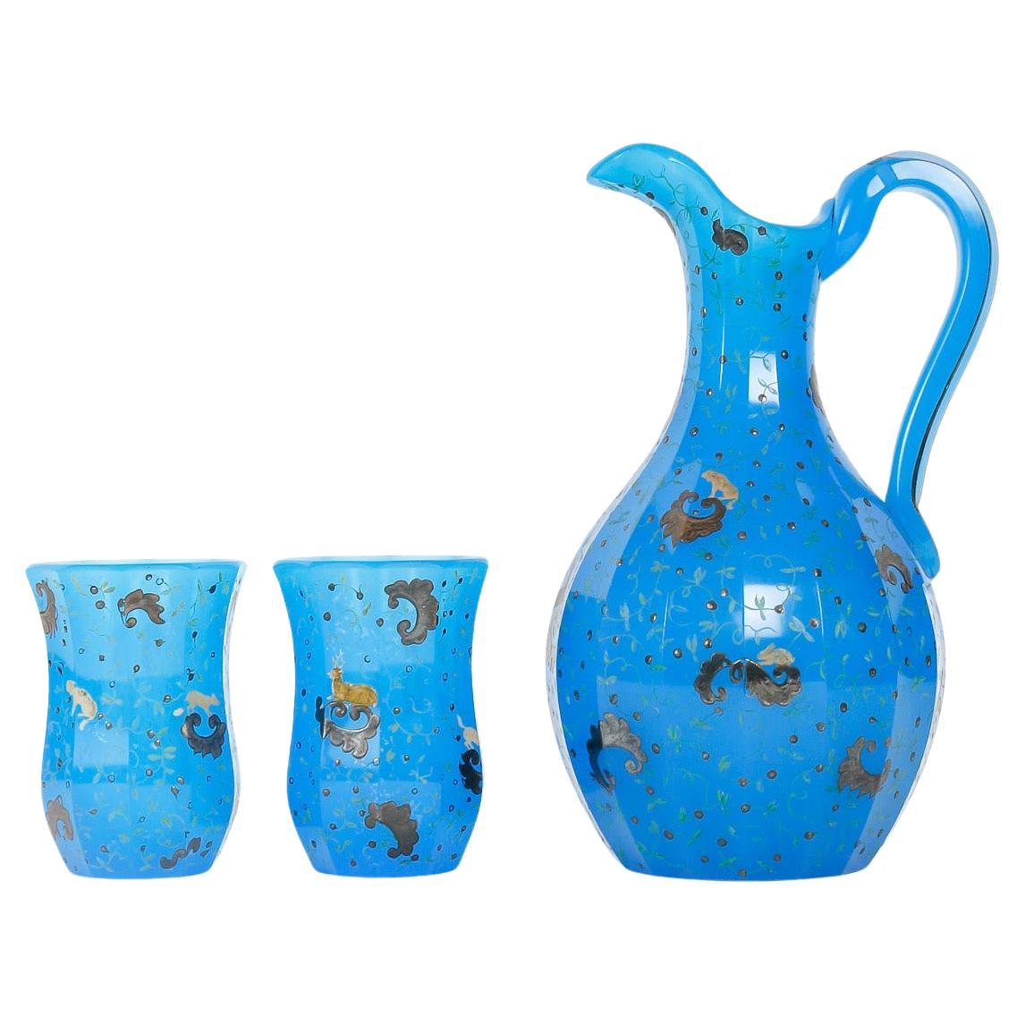 Opaline Ewer and 2 Glasses, 19th Century, Napoleon III Style. For Sale