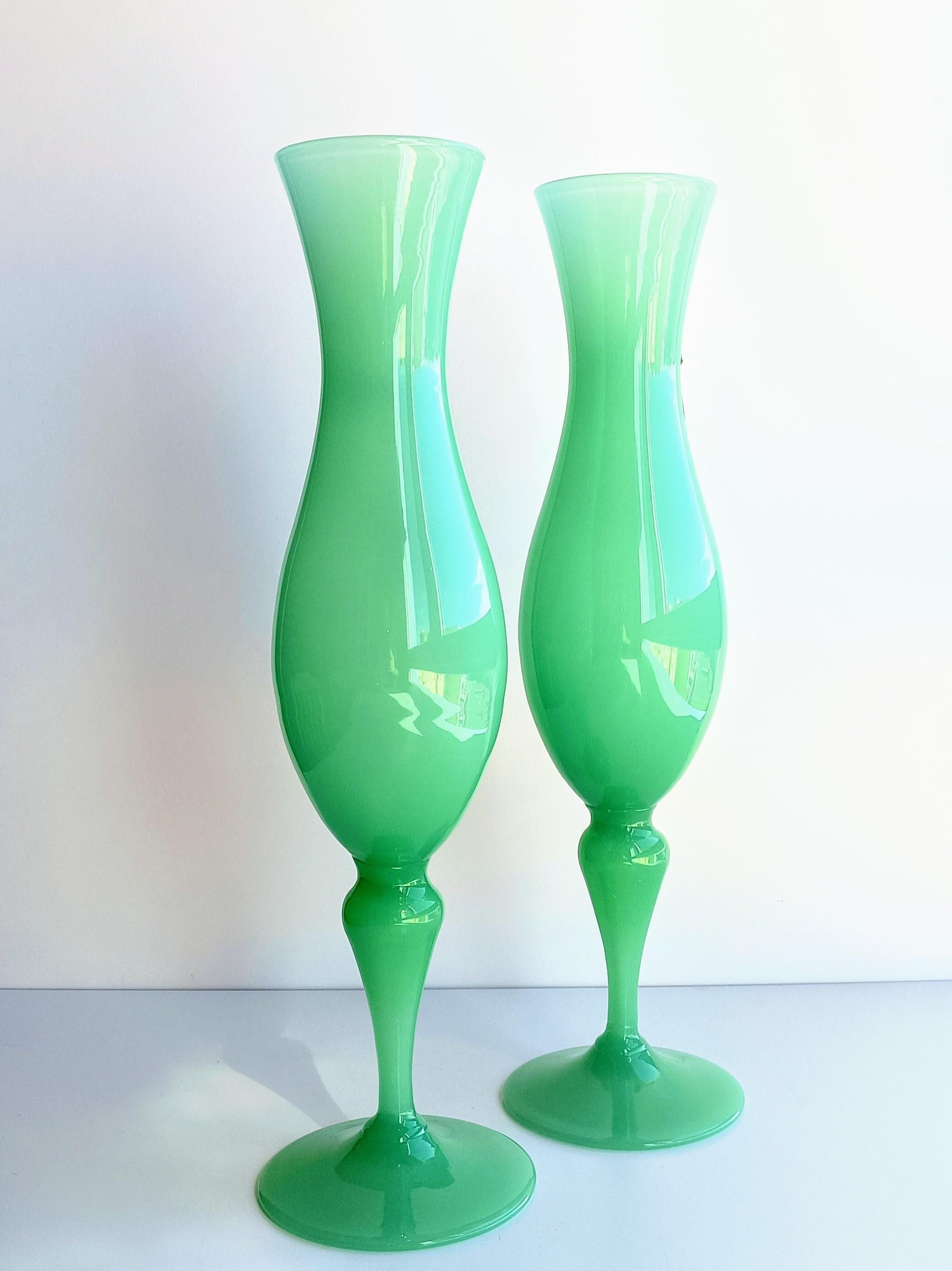 Mid-Century Modern French Style Opaline Florence Glass Labeled Pair of Mid Century Vases, 1960s For Sale