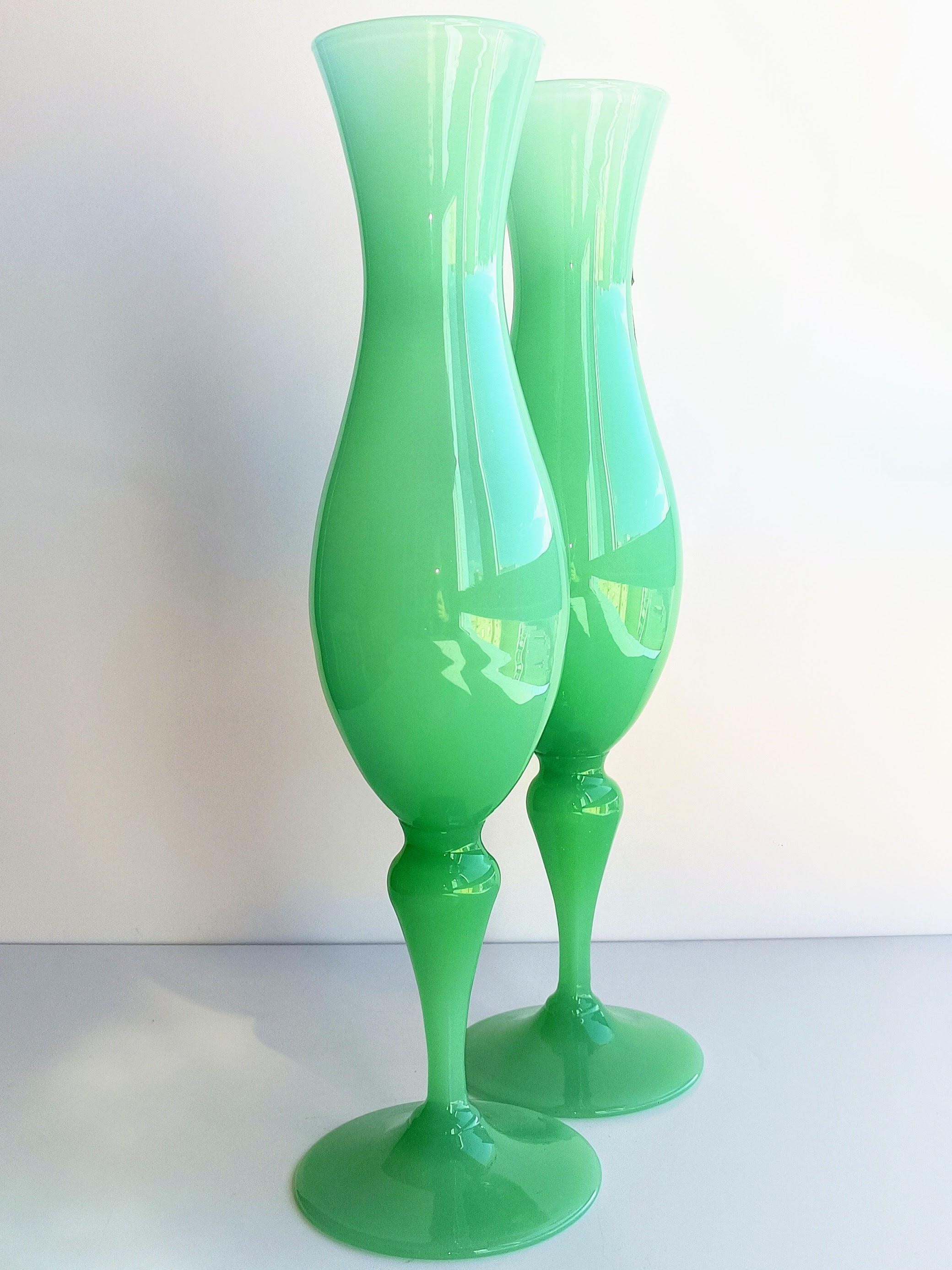 Italian French Style Opaline Florence Glass Labeled Pair of Mid Century Vases, 1960s For Sale