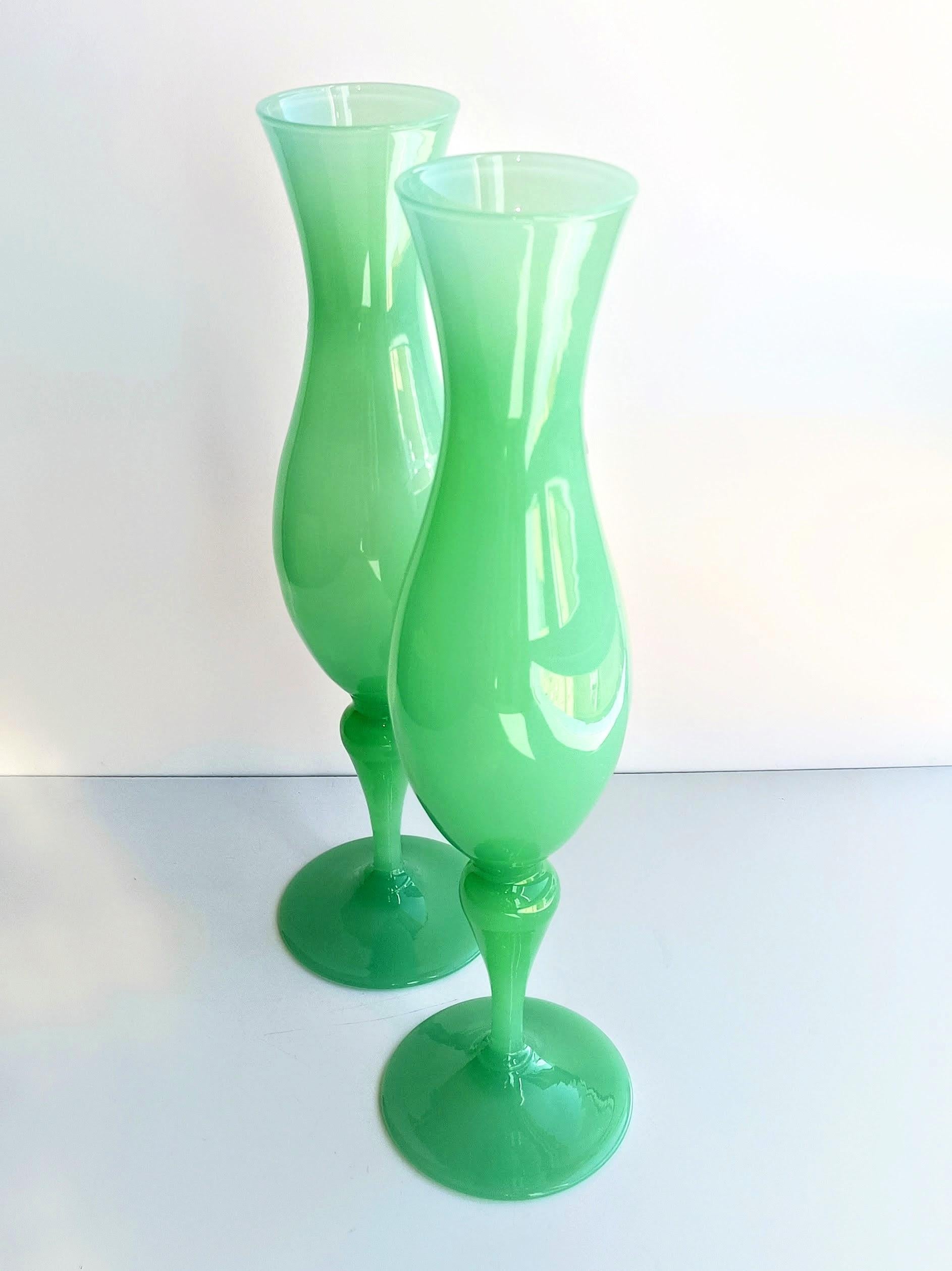 Blown Glass French Style Opaline Florence Glass Labeled Pair of Mid Century Vases, 1960s For Sale