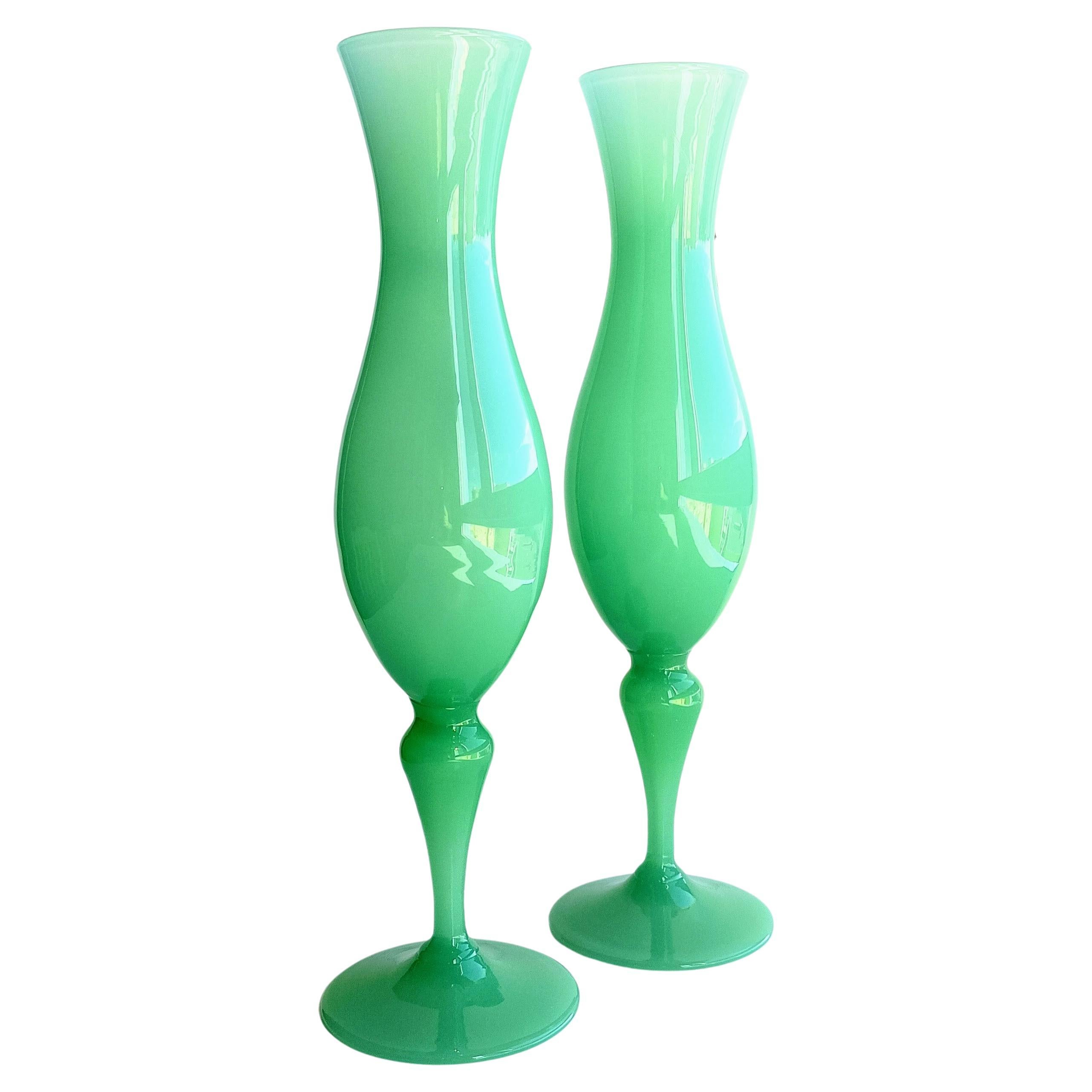 French Style Opaline Florence Glass Labeled Pair of Mid Century Vases, 1960s For Sale