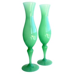 French Style Opaline Florence Glass Labeled Pair of Mid Century Vases, 1960s