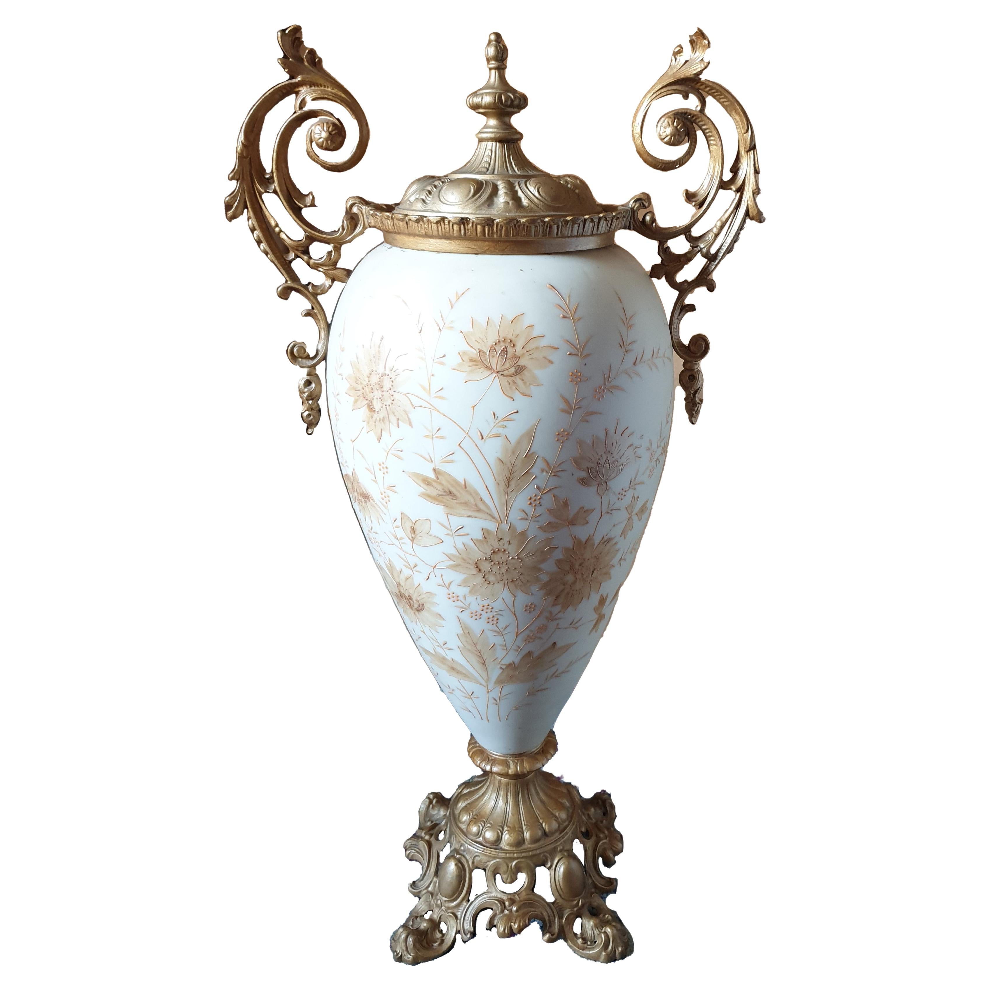 Opaline Glass 19th Century Lidded Two Handled Large Vase For Sale