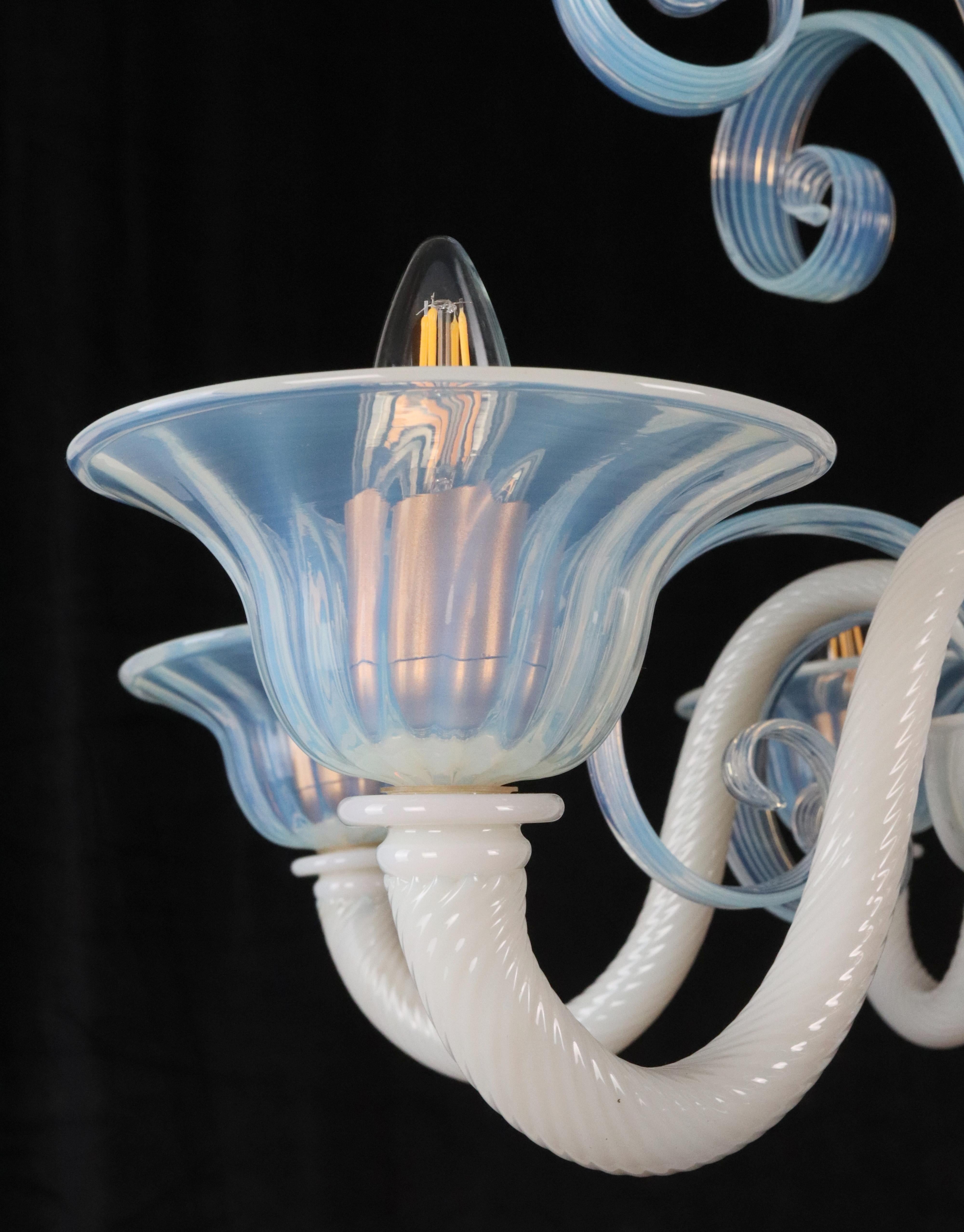 Opaline Glass 6 Arm Murano Up & Down Curls Chandelier For Sale 4