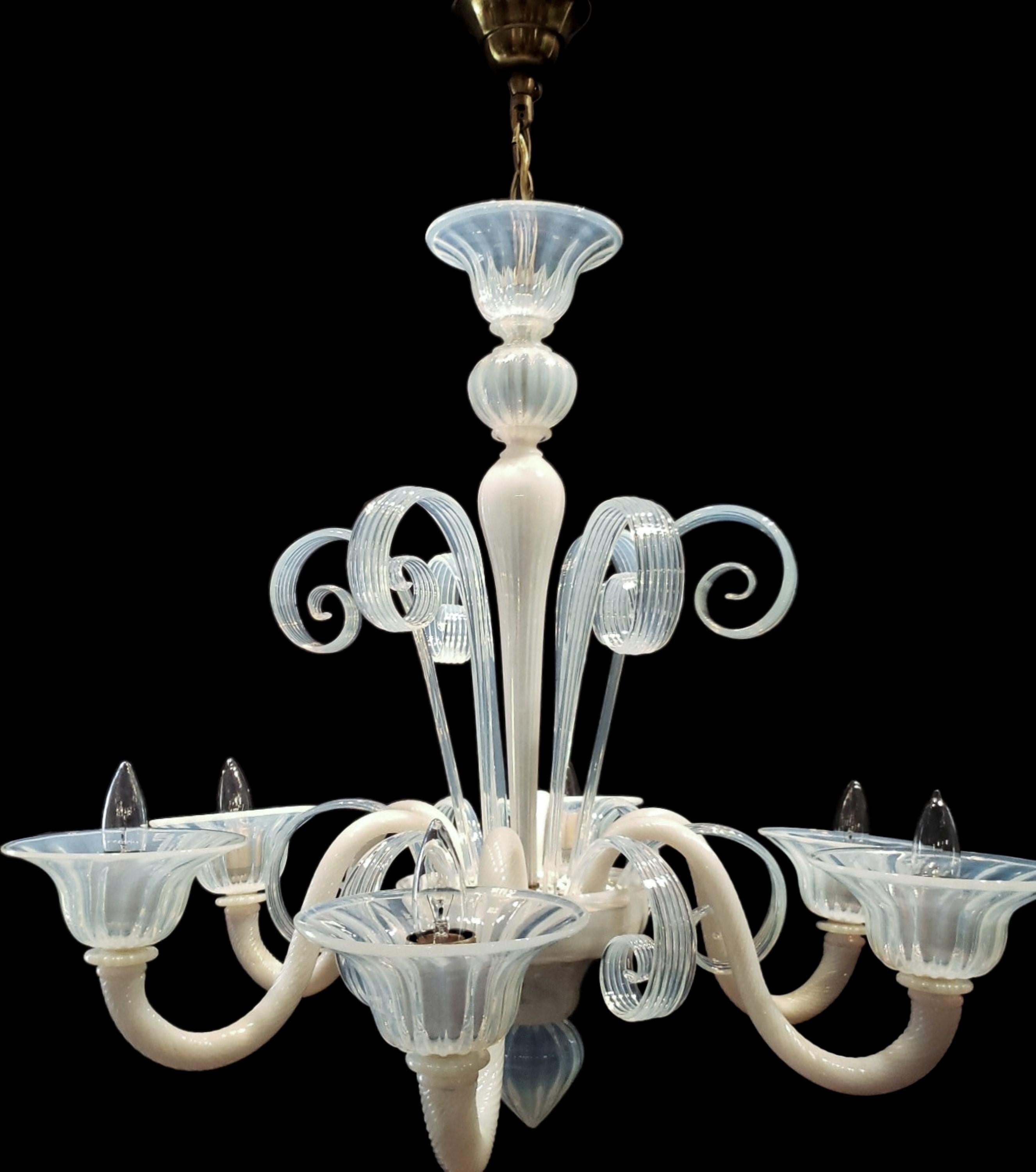 Hand made Murano opaline glass six arm chandelier with curls that flow upward and downward. This comes rewired and ready to install. Ships disassembled.  Cleaned and restored. Please note, this item is located in our Scranton, PA location.