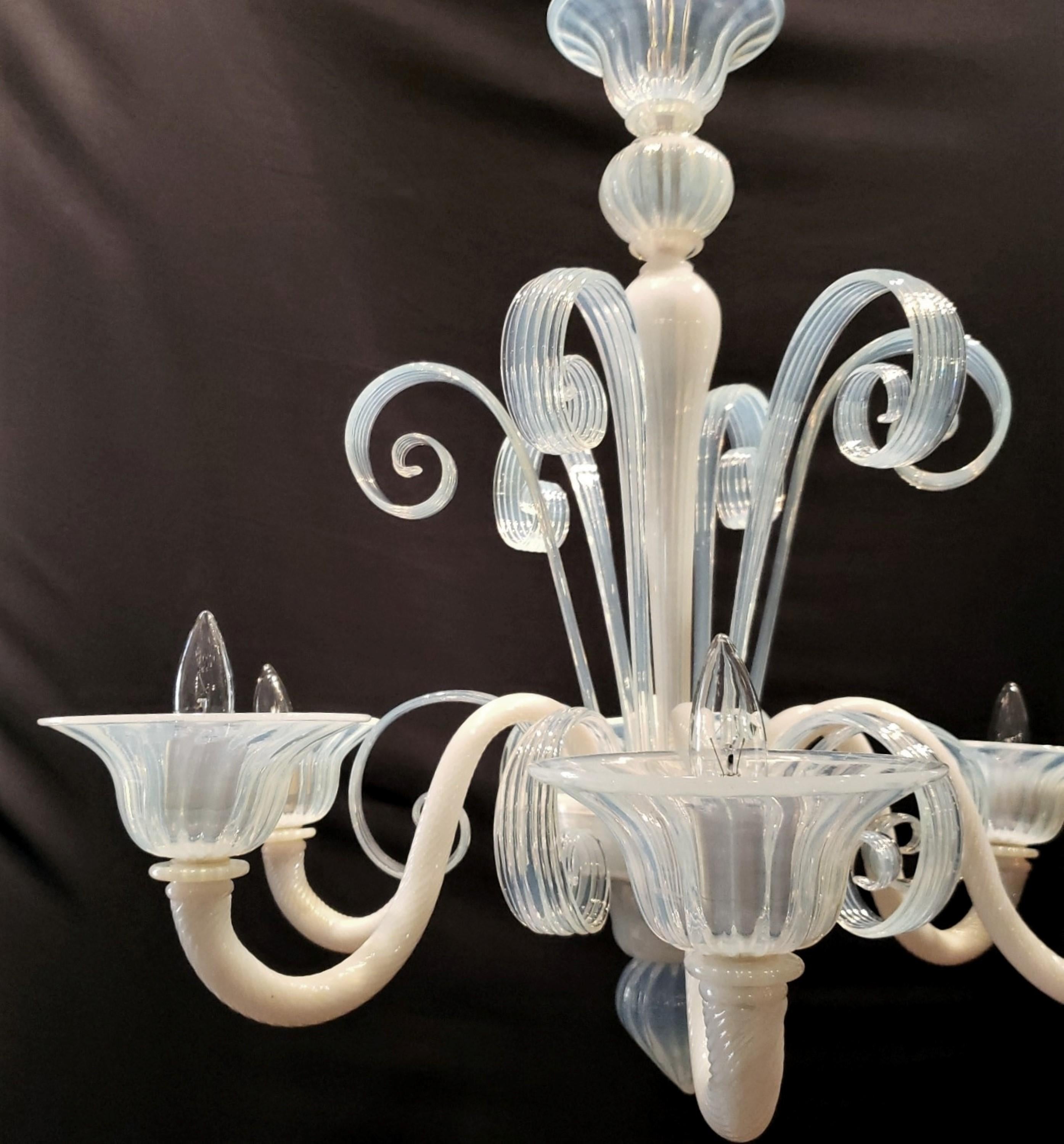 Italian Opaline Glass 6 Arm Murano Up & Down Curls Chandelier For Sale
