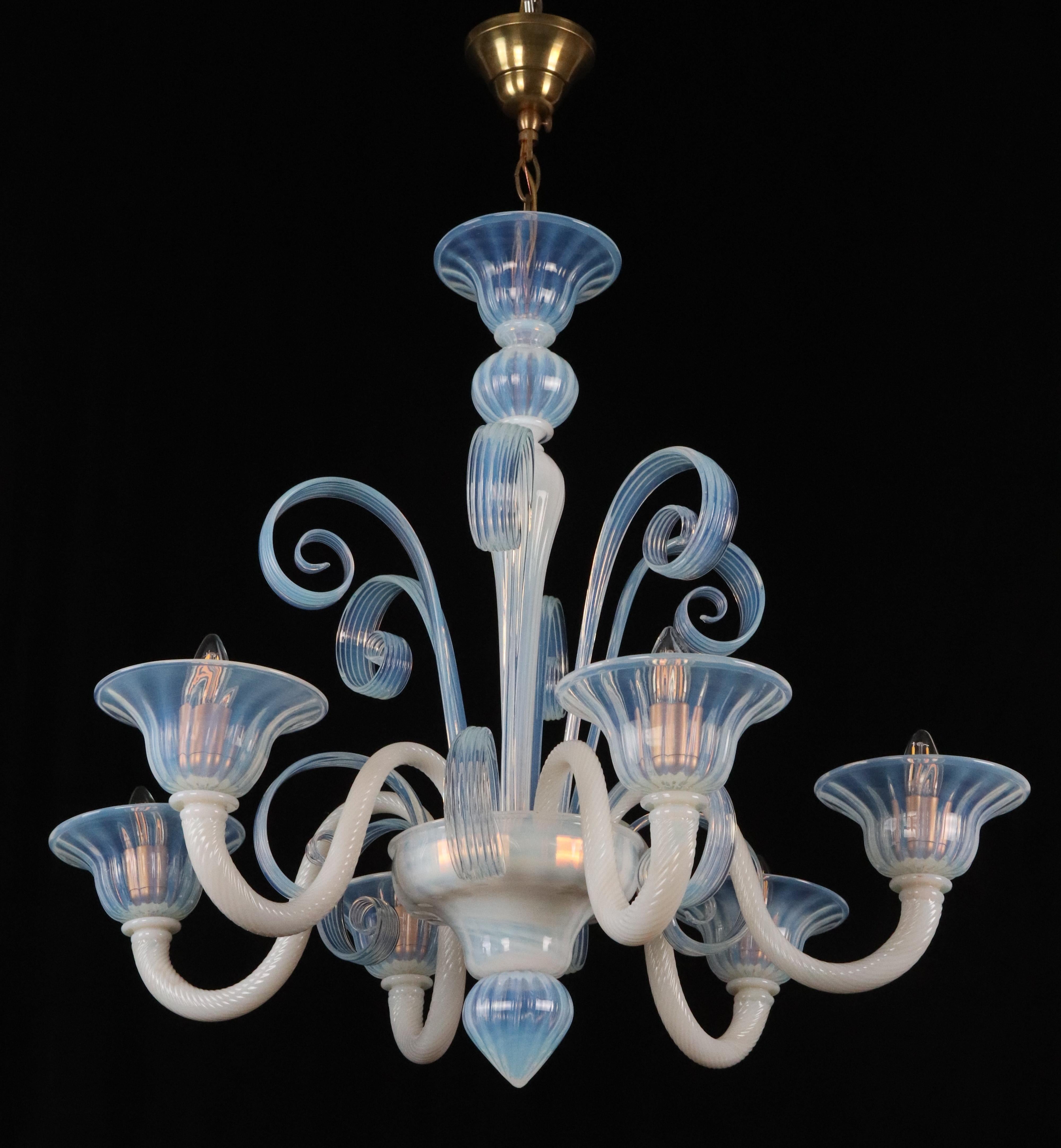 Italian Opaline Glass 6 Arm Murano Up & Down Curls Chandelier For Sale