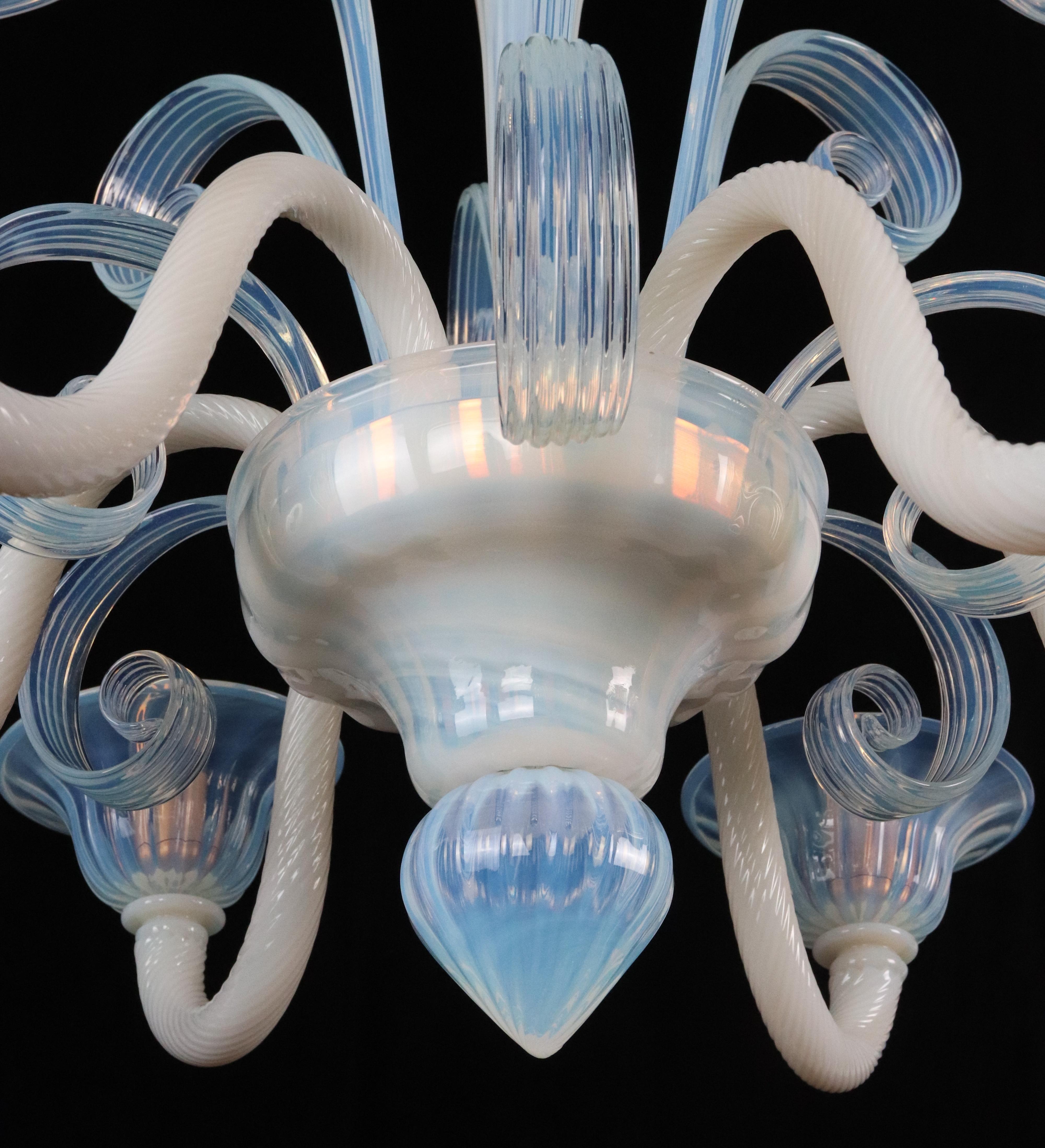 Opaline Glass 6 Arm Murano Up & Down Curls Chandelier In Good Condition For Sale In New York, NY