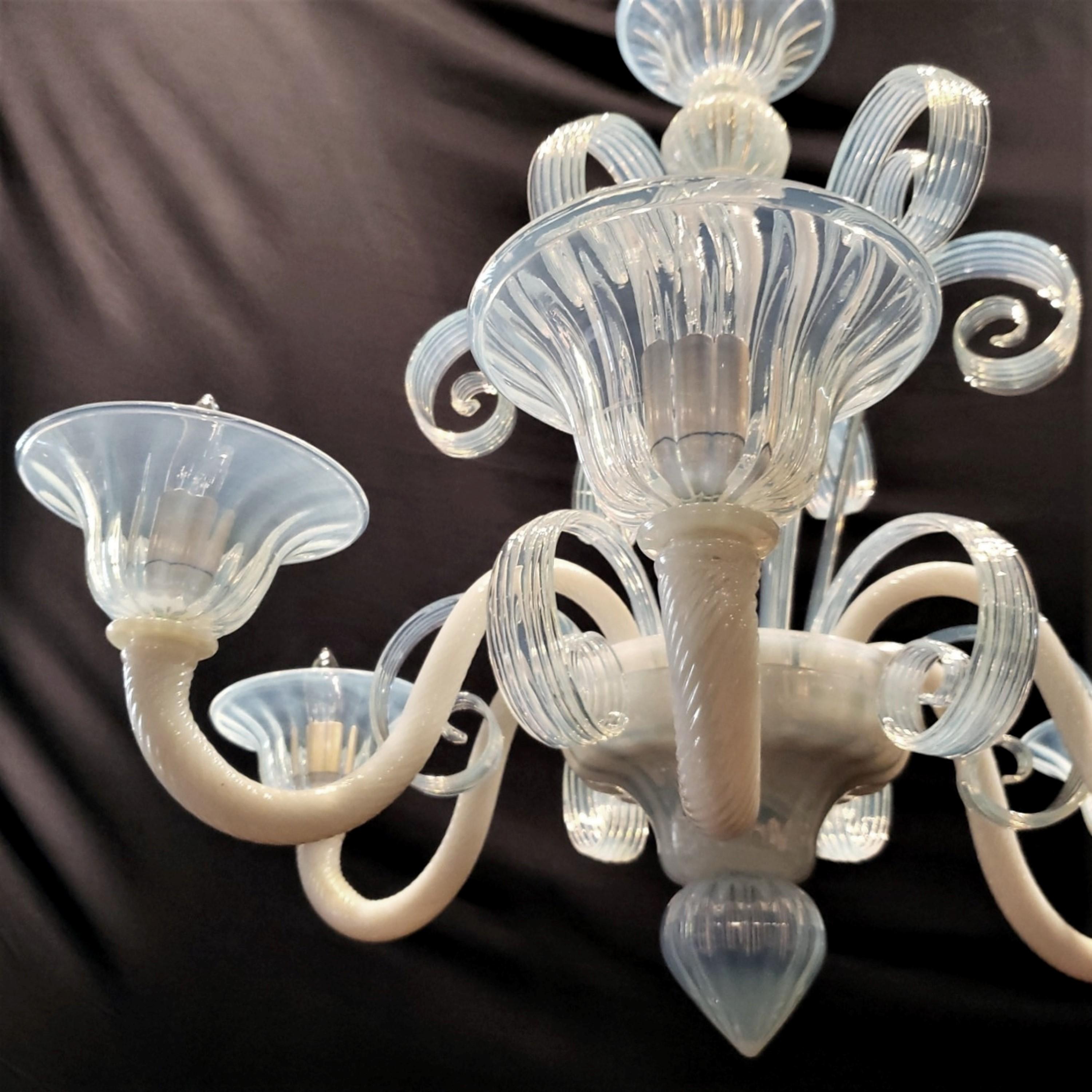 20th Century Opaline Glass 6 Arm Murano Up & Down Curls Chandelier For Sale