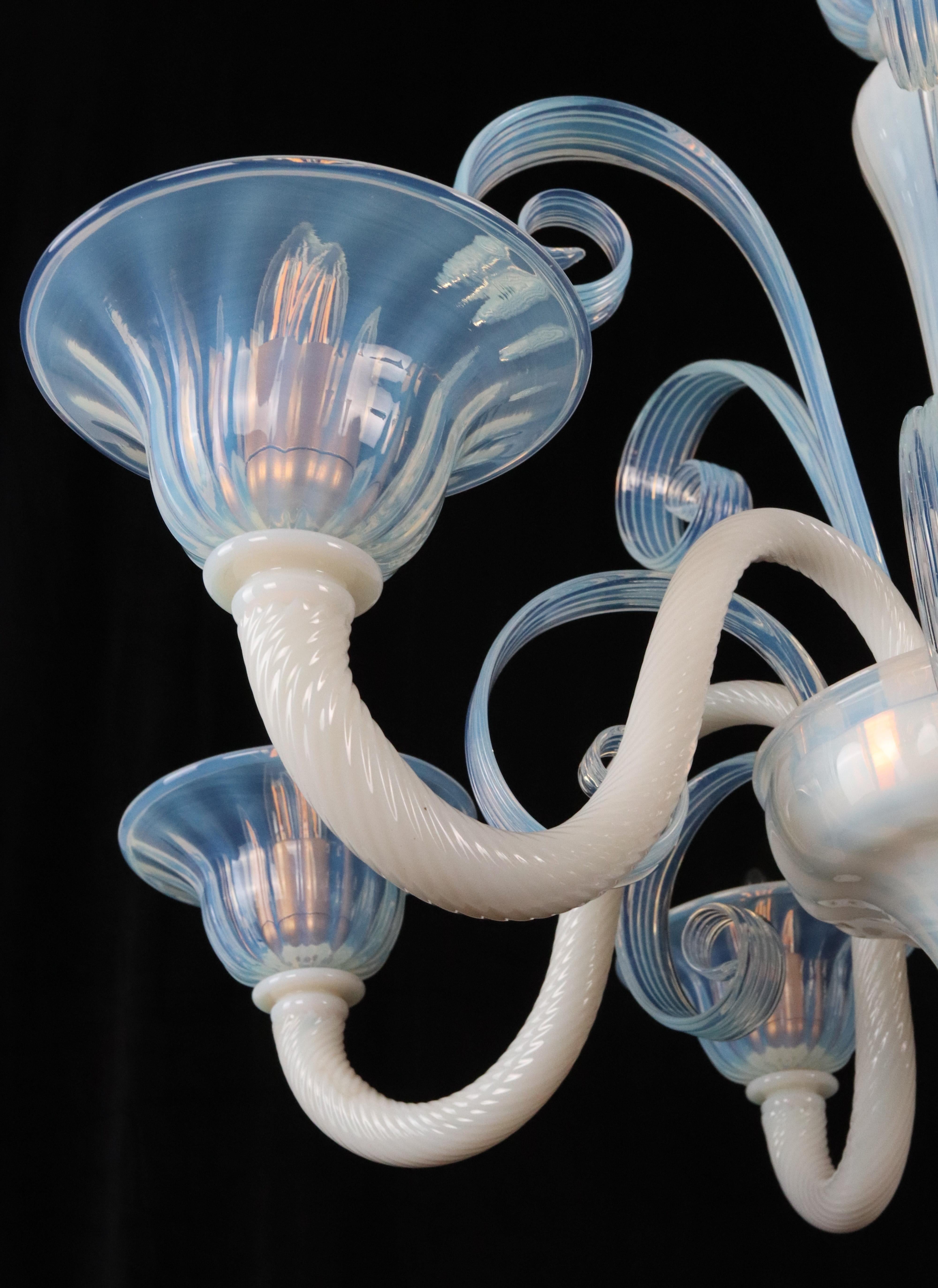 Metal Opaline Glass 6 Arm Murano Up & Down Curls Chandelier For Sale