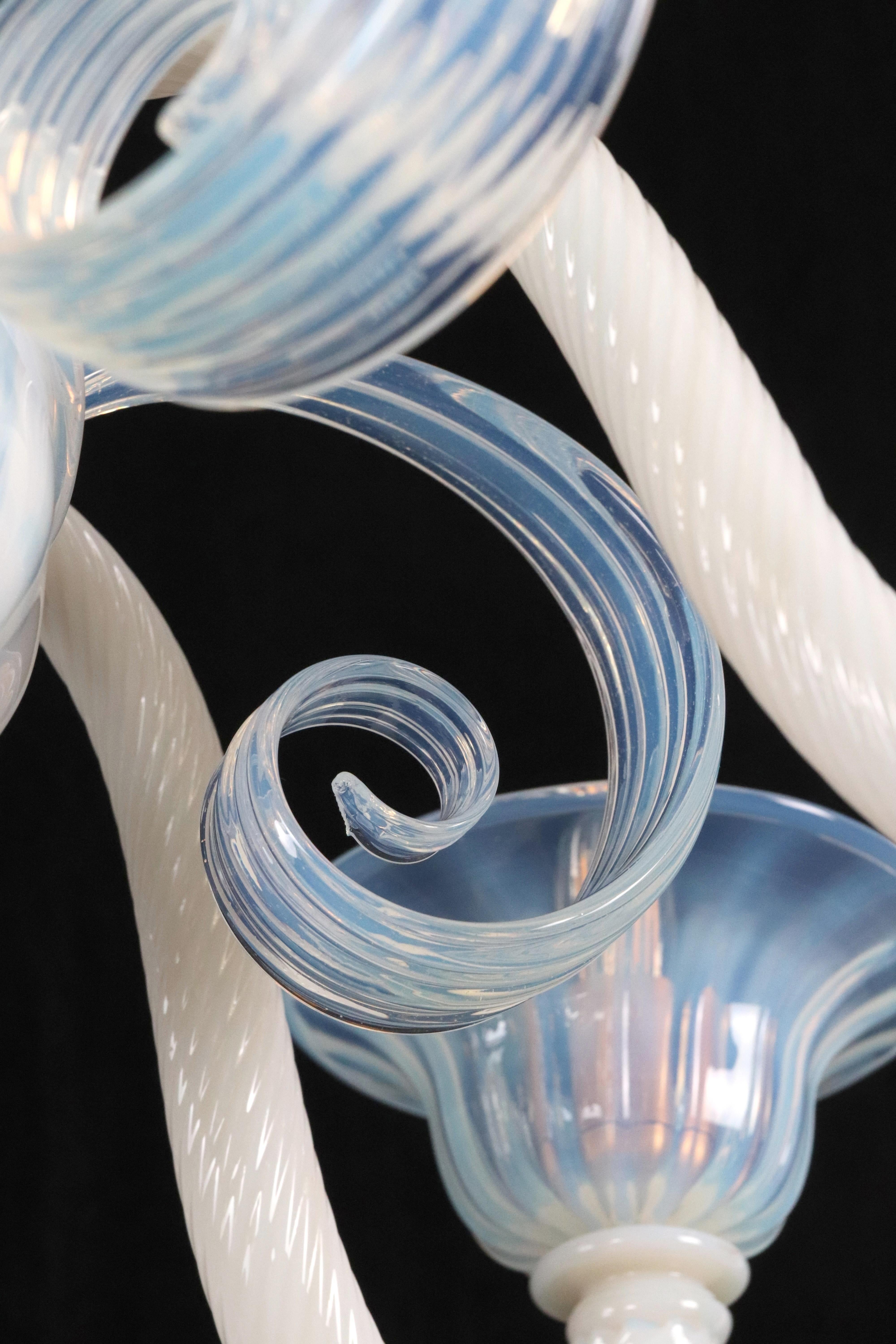 Opaline Glass 6 Arm Murano Up & Down Curls Chandelier For Sale 3