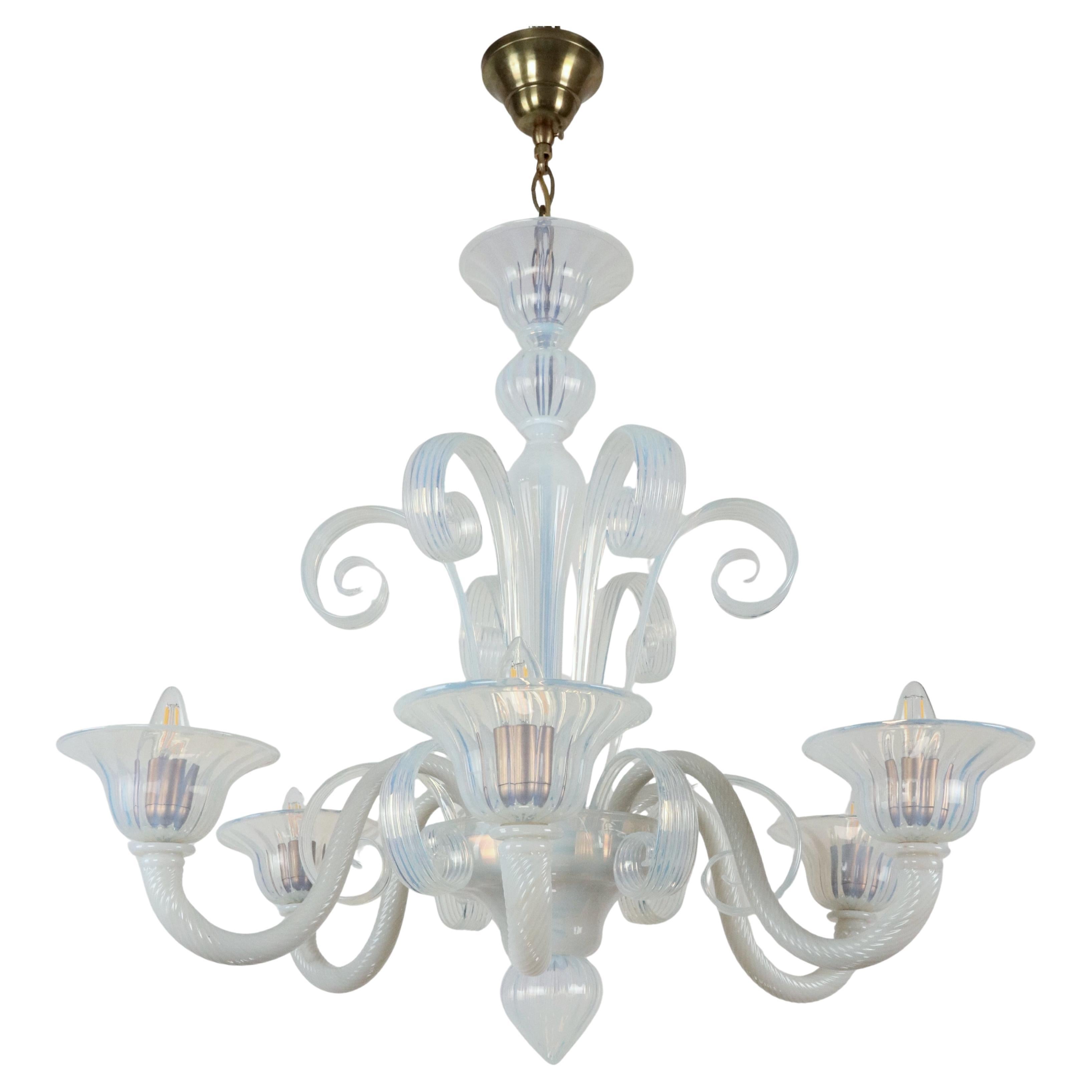 Opaline Glass 6 Arm Murano Up & Down Curls Chandelier For Sale