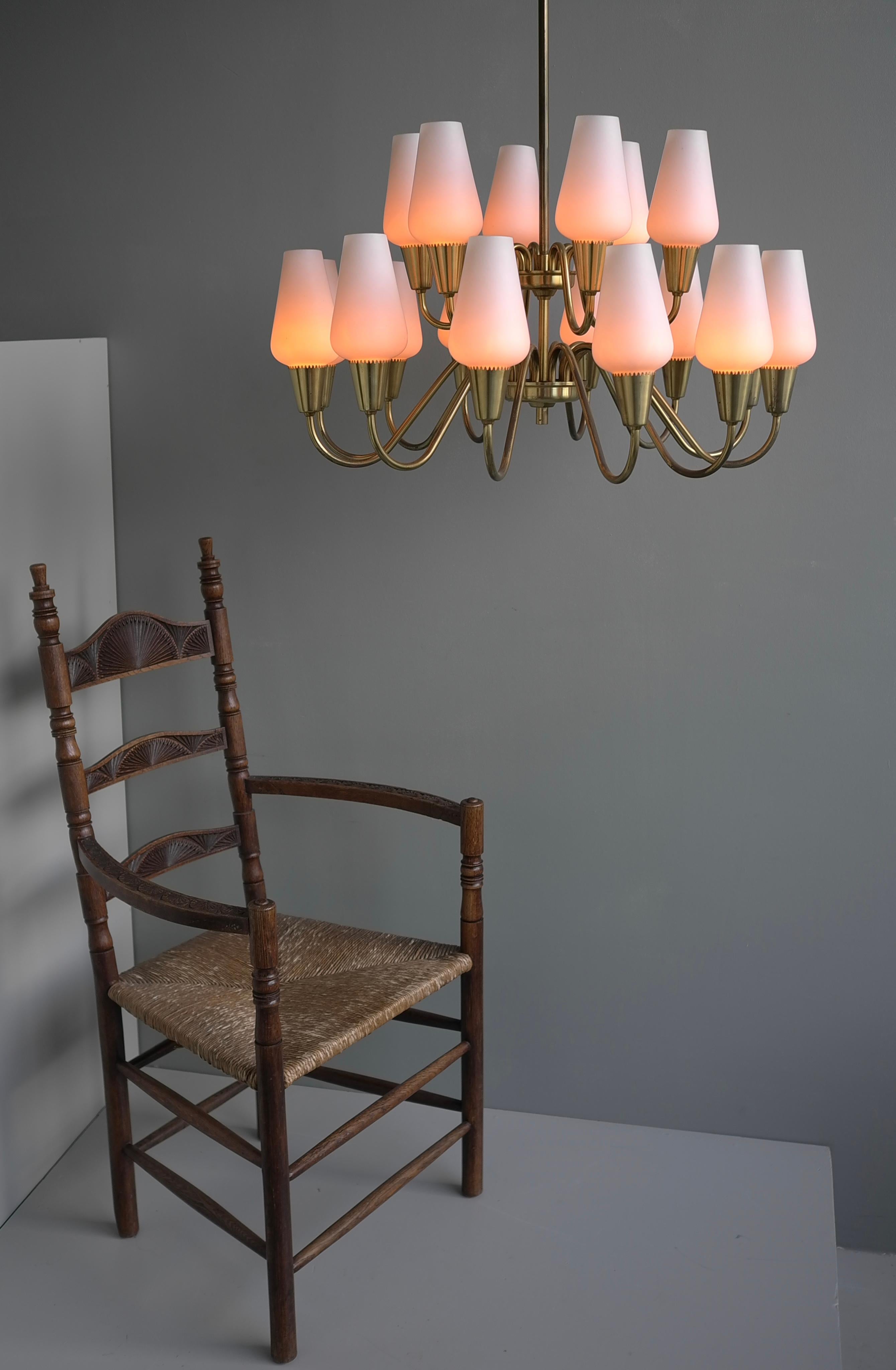Opaline Glass and Brass Chandelier by Bent Karlby for Lyfa, Denmark 1960s For Sale 3