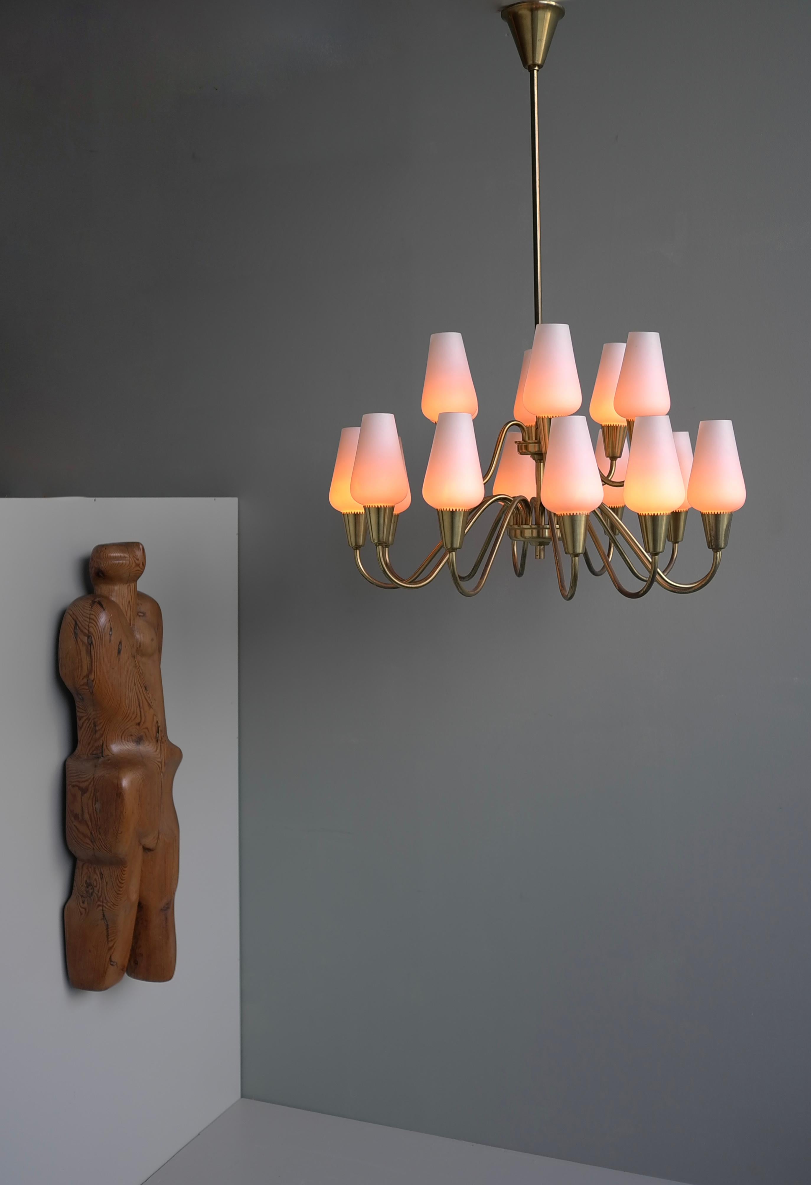 Mid-Century Modern Opaline Glass and Brass Chandelier by Bent Karlby for Lyfa, Denmark 1960s For Sale