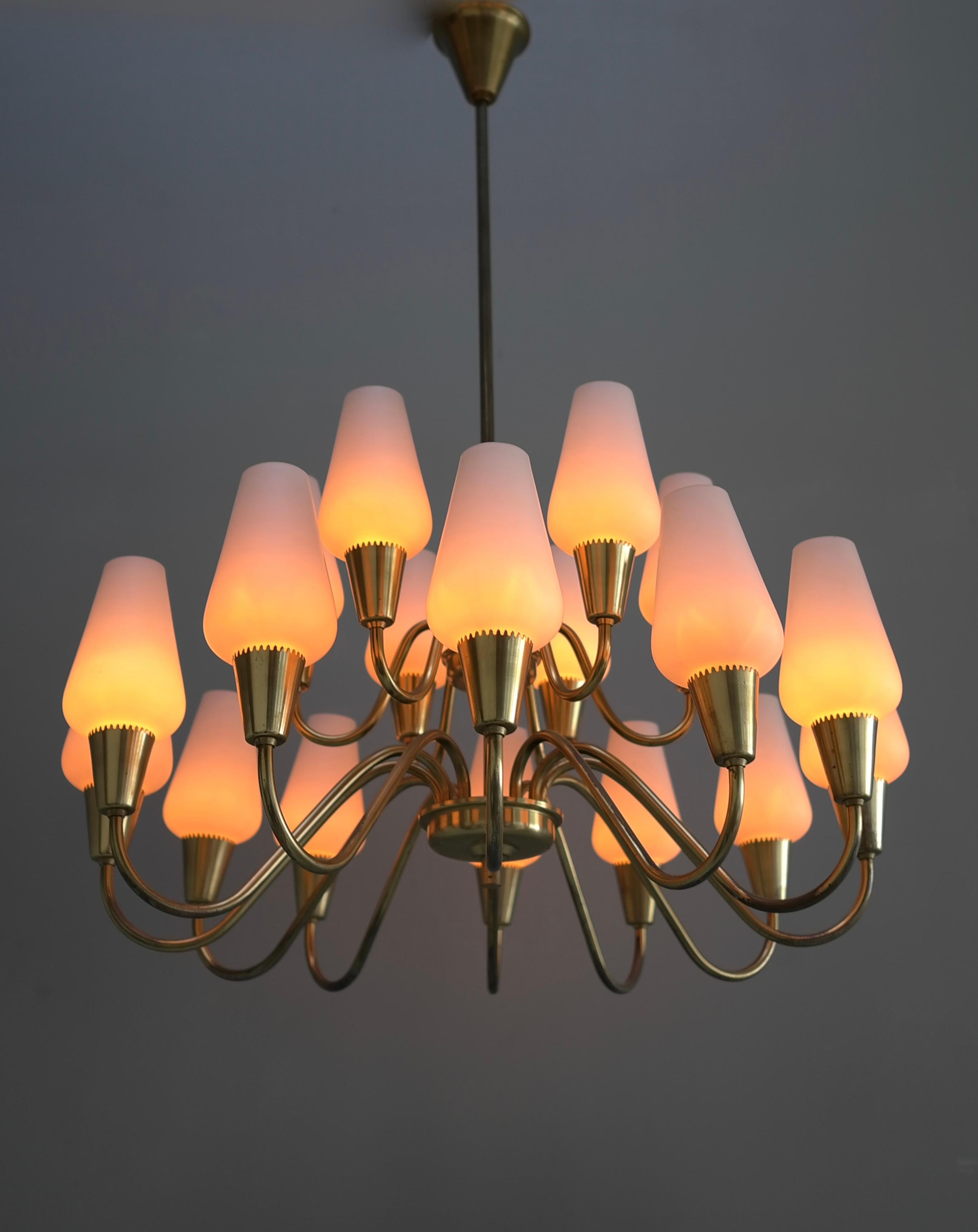 Danish Opaline Glass and Brass Chandelier by Bent Karlby for Lyfa, Denmark 1960s For Sale