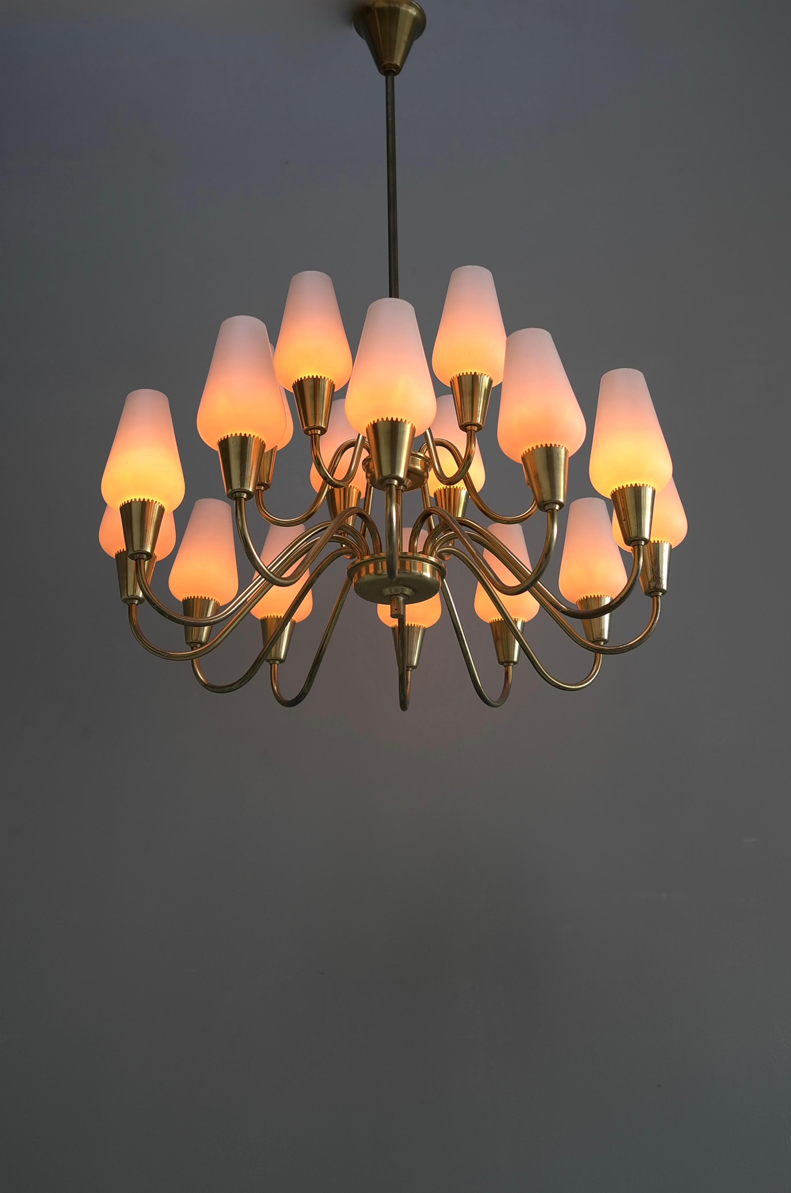 Mid-20th Century Opaline Glass and Brass Chandelier by Bent Karlby for Lyfa, Denmark 1960s For Sale