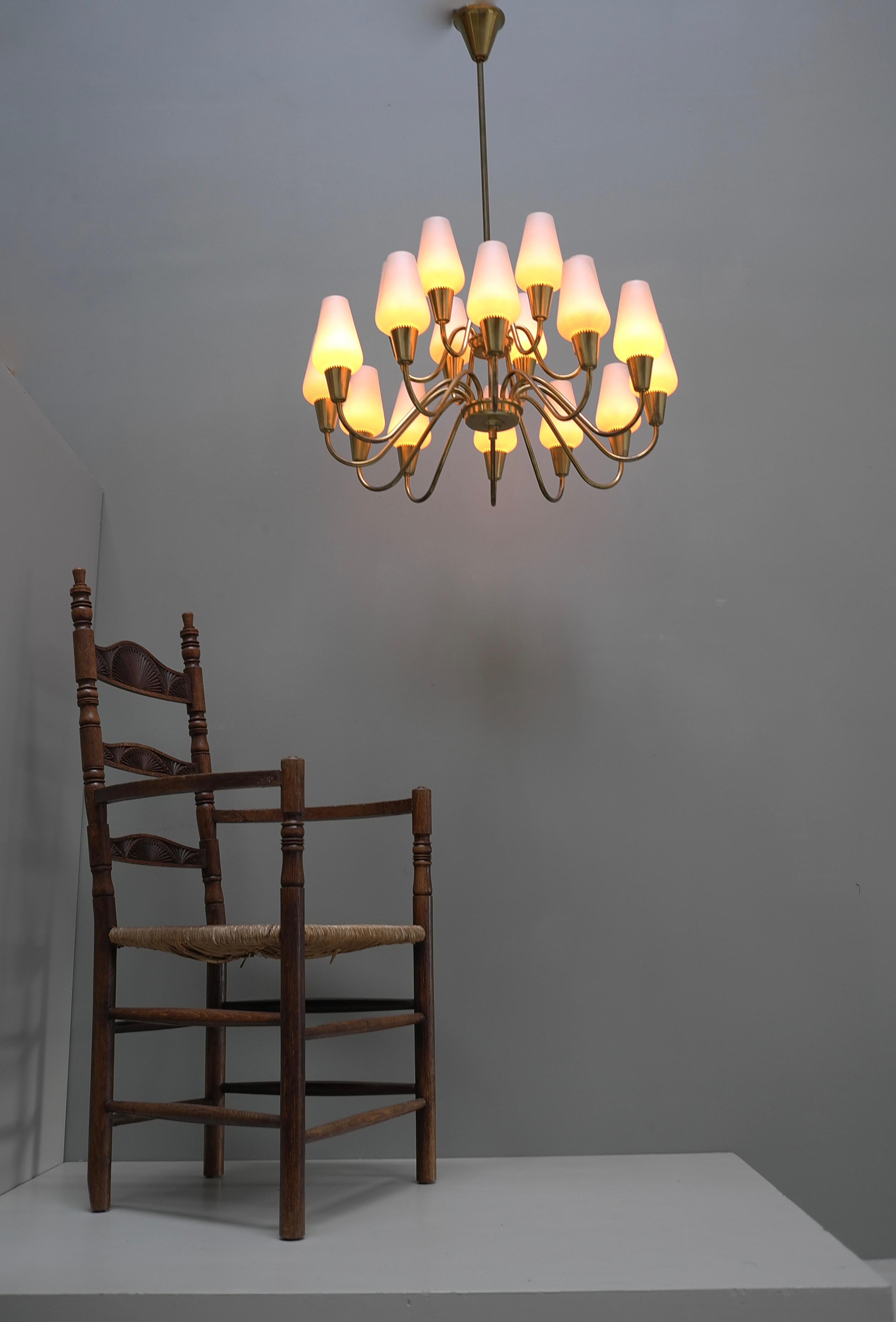 Copper Opaline Glass and Brass Chandelier by Bent Karlby for Lyfa, Denmark 1960s For Sale