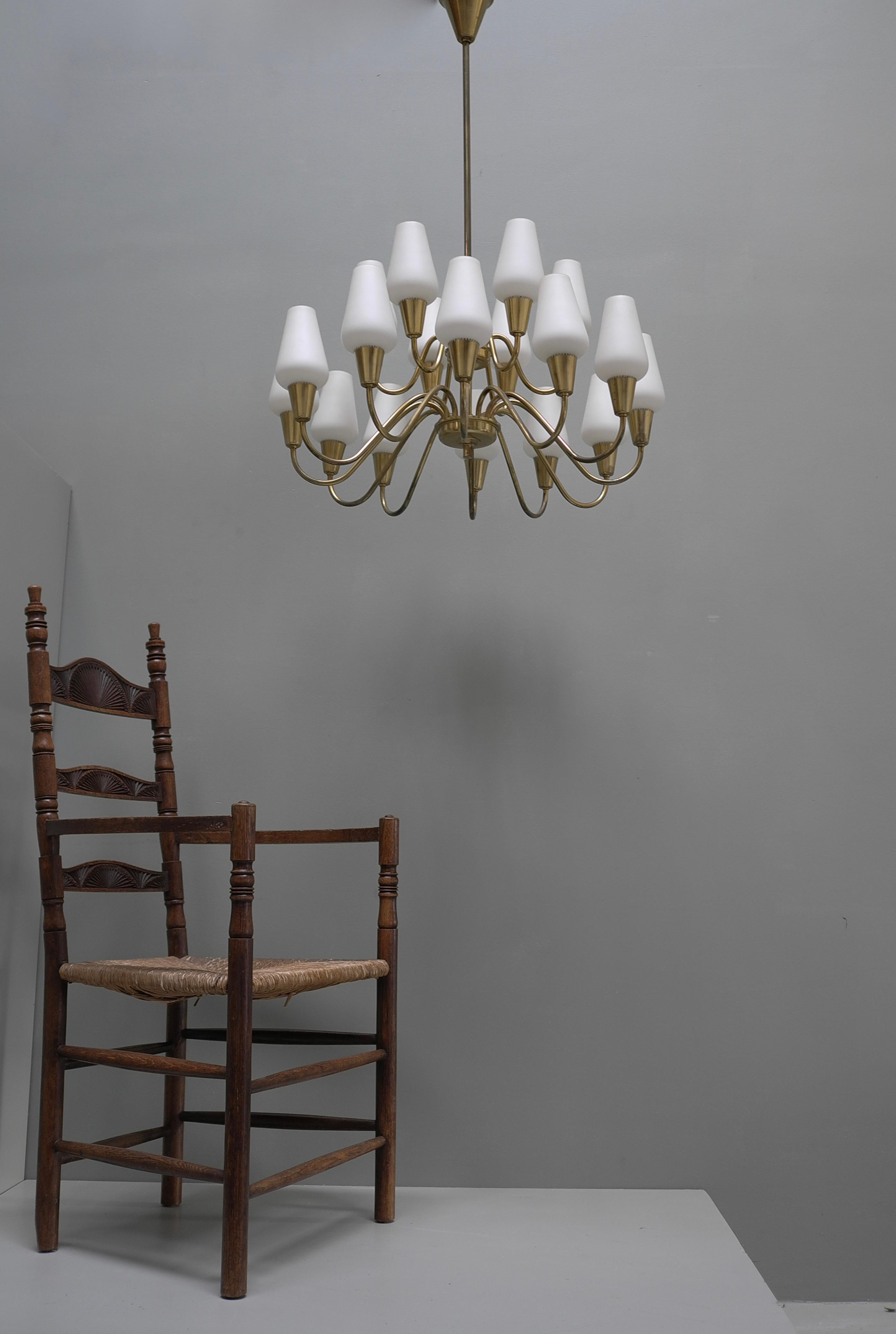 Opaline Glass and Brass Chandelier by Bent Karlby for Lyfa, Denmark 1960s For Sale 1
