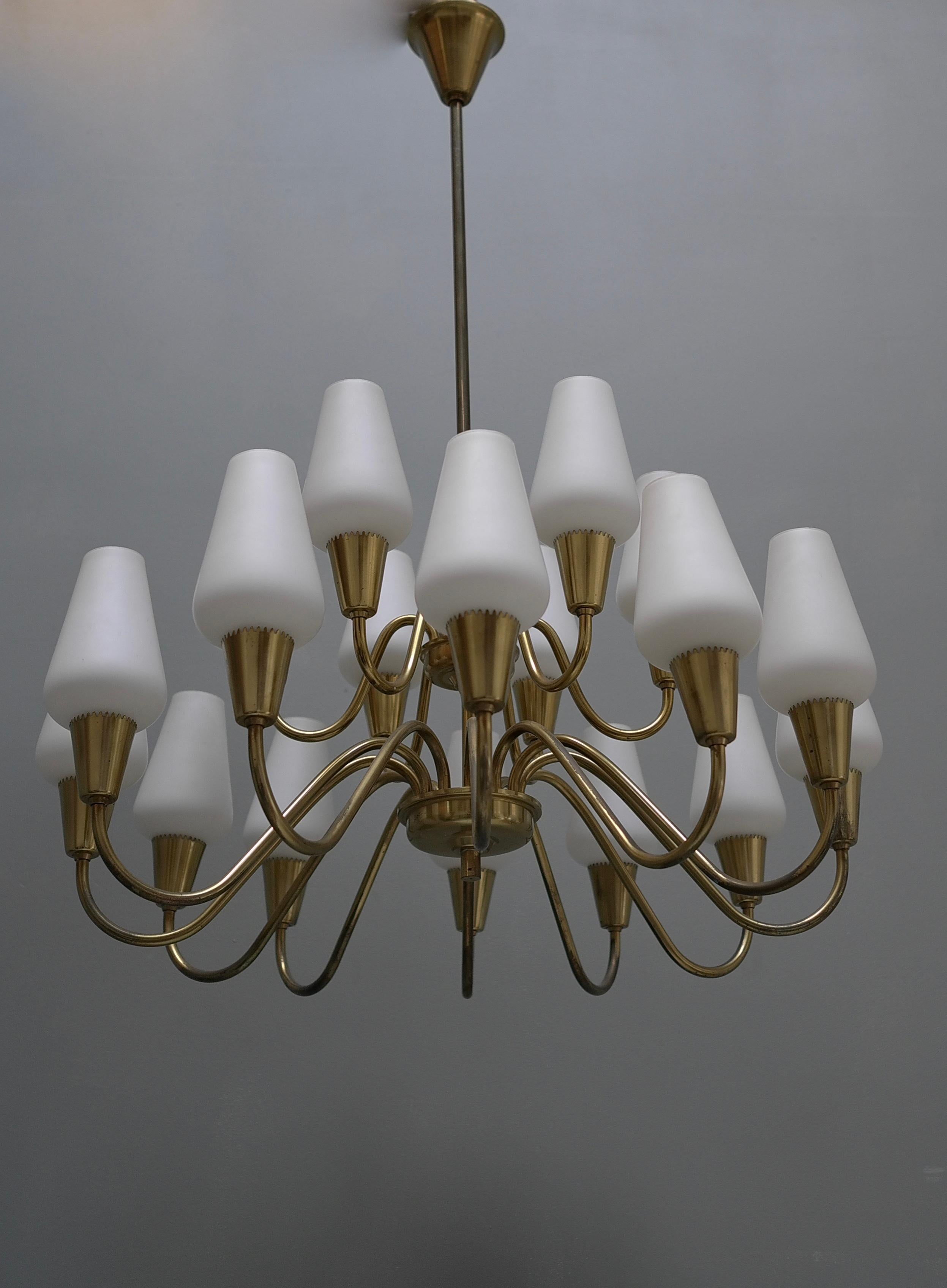 Opaline Glass and Brass Chandelier by Bent Karlby for Lyfa, Denmark 1960s For Sale 2