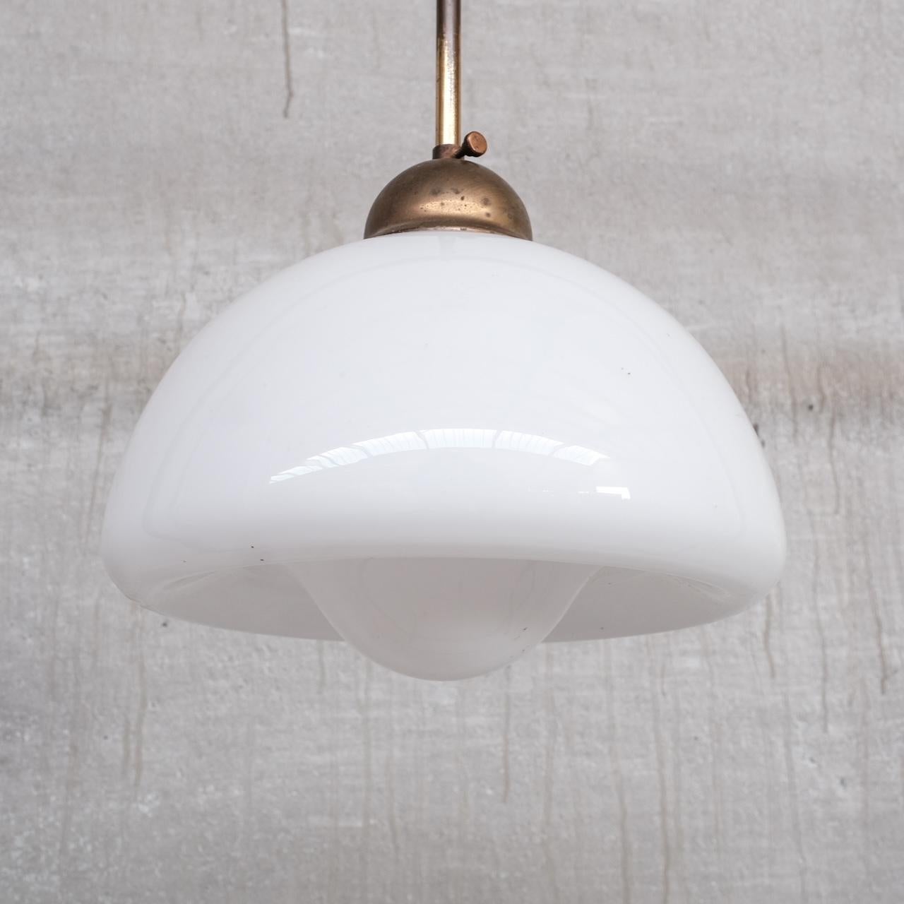 French Opaline Glass and Brass Mid-Century Pendant Light For Sale