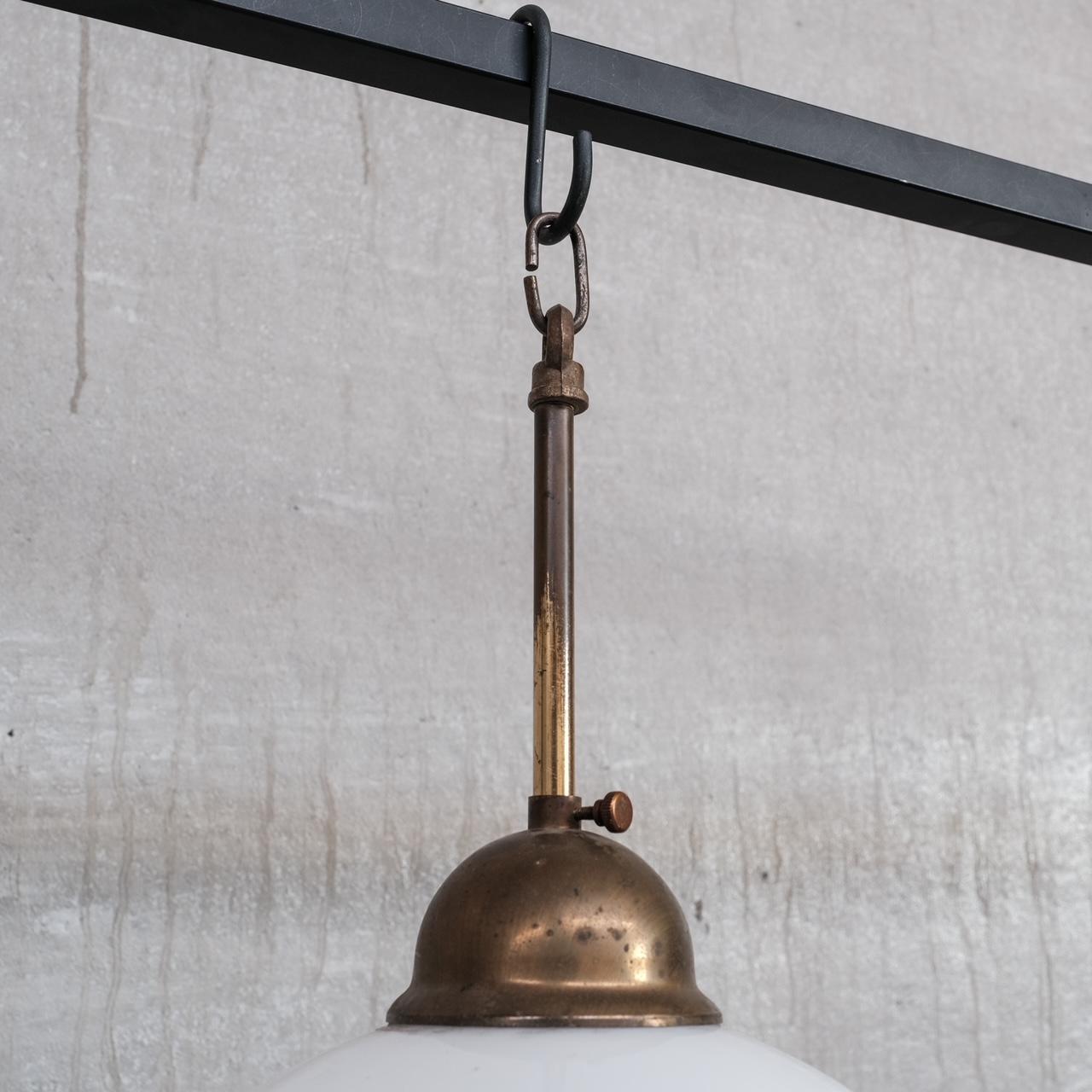20th Century Opaline Glass and Brass Mid-Century Pendant Light For Sale