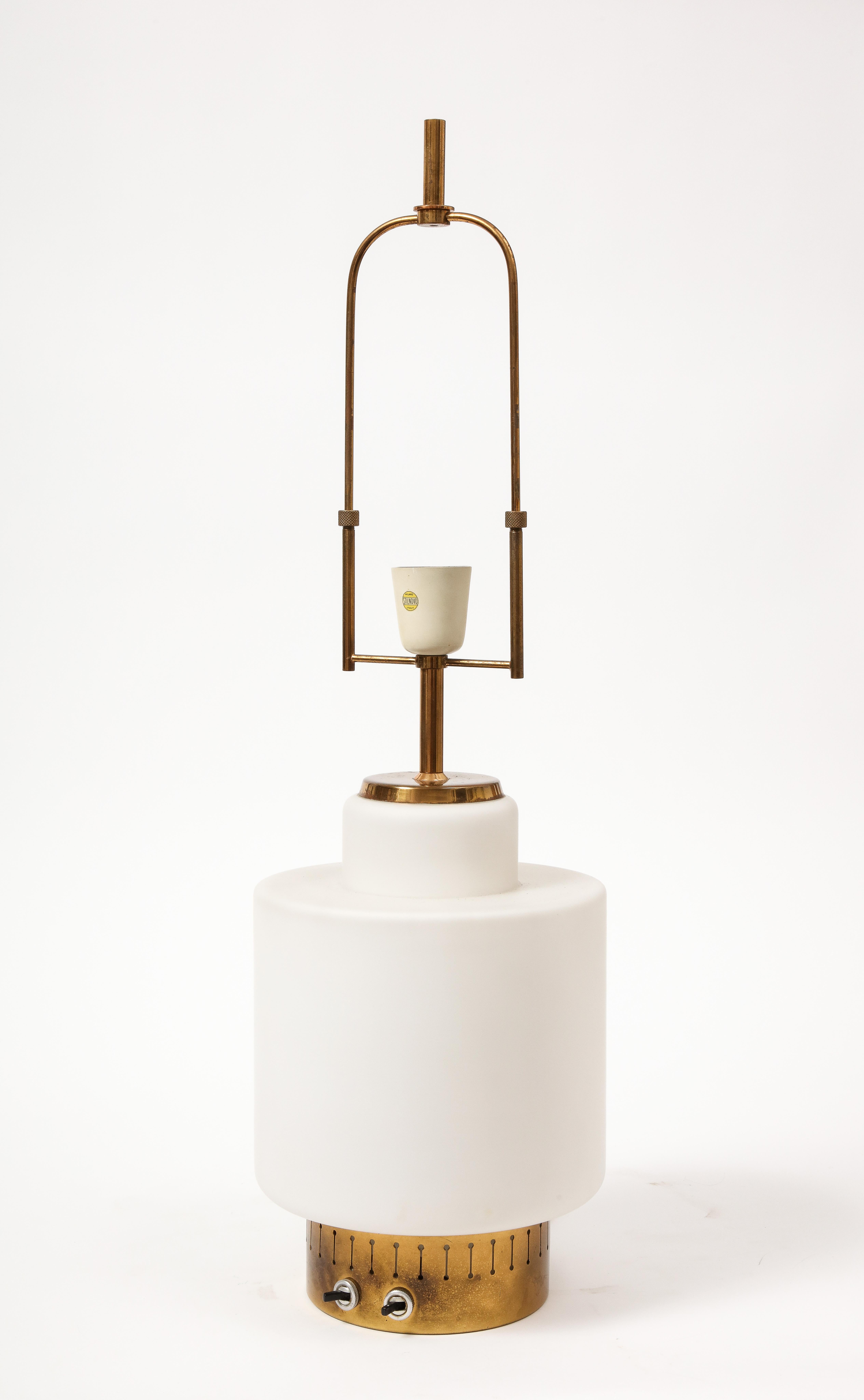 Italian Opaline Glass and Brass Modernist Table Lamp by Stilnovo, Italy, c. 1950 For Sale